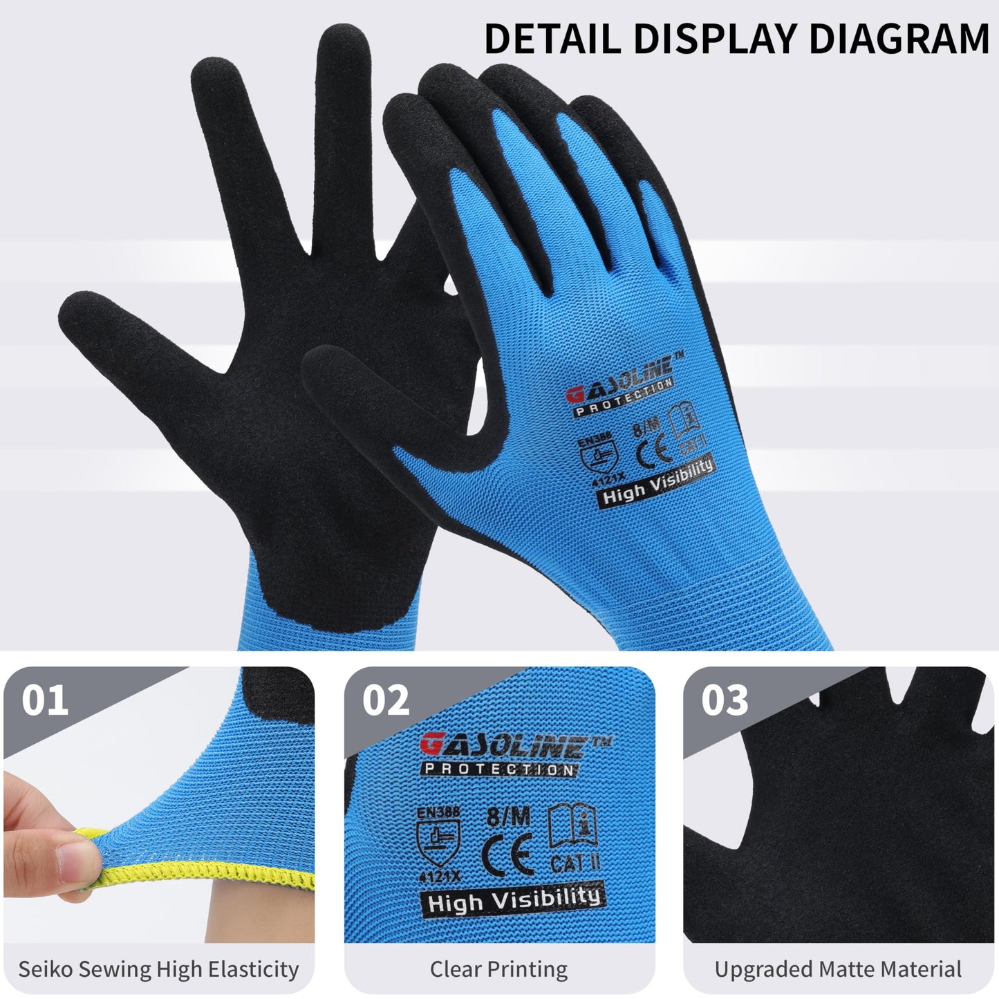 Gasoline Work Gloves MicroFoam Nitrile Coated-12Pairs,Seamless Knit Nylon Gloves,Blue Work gloves (Blue 12-pairs, Large)