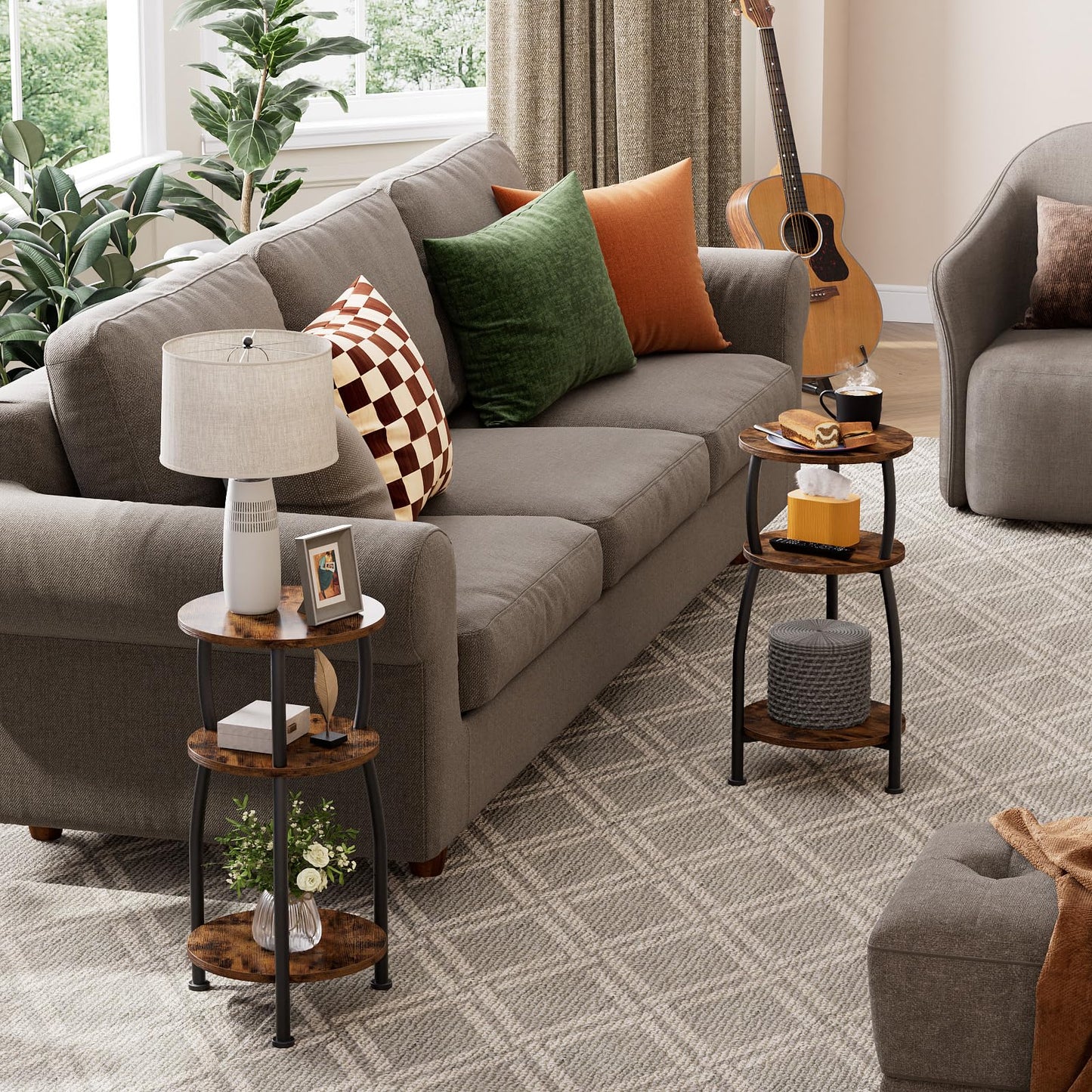 Yuede Small Round Side Table, 3-Tier End Table with Storage Shelf, Slim Coffee Table for Small Spaces, Industrial Sofa Table for Narrow Gaps in Living Room & Bedroom, Rustic Brown