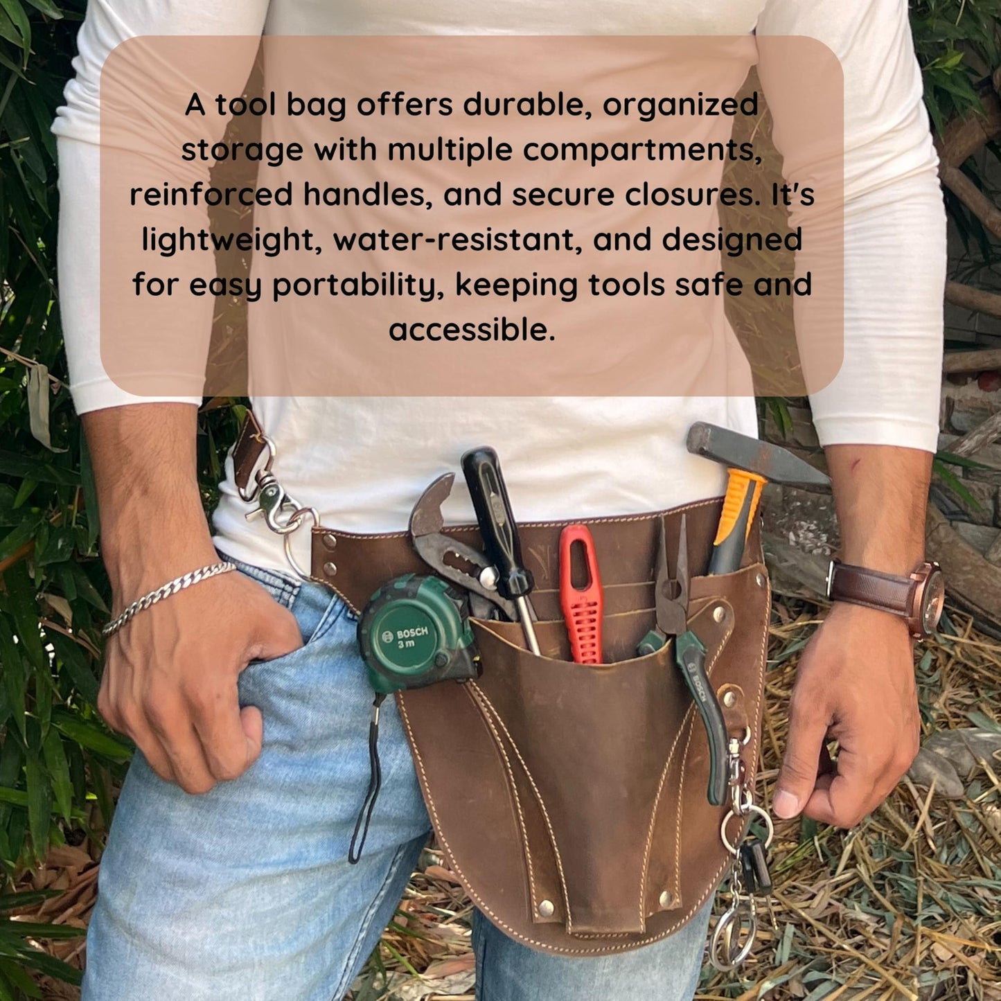 Hulara Brown Full Grain Leather Florist Tool Bag for Gardener Farmer Tools Holster With Adjutable Belt for Florists, Small Carpenter Electrician Organizer Kit.