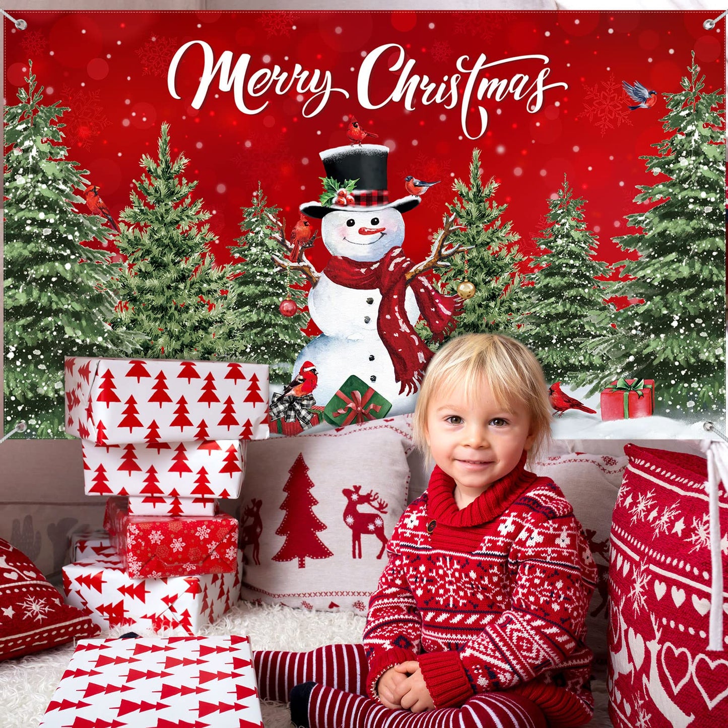 Irenare Christmas Backdrop Merry Christmas Banner Party Decoration Xmas Photography Background Photo Props for Winter Holiday New Year Eve Family Party Decoration Supplies(Snowman)