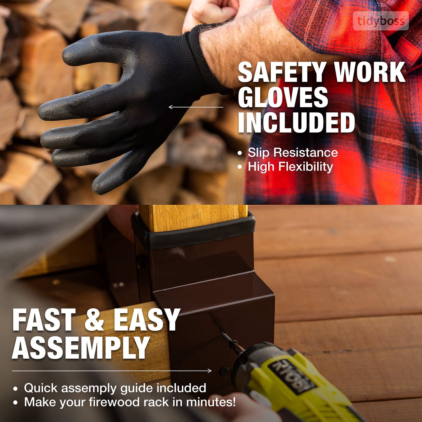 TIDYBOSS 2 Pack Firewood Rack Outdoor | 2x4 Brackets for Wood | Lumber Storage Rack Log Holder | Adjustable to any Length with Seal Strip, Gloves, Steel Plates and Screws (Dark Brown)