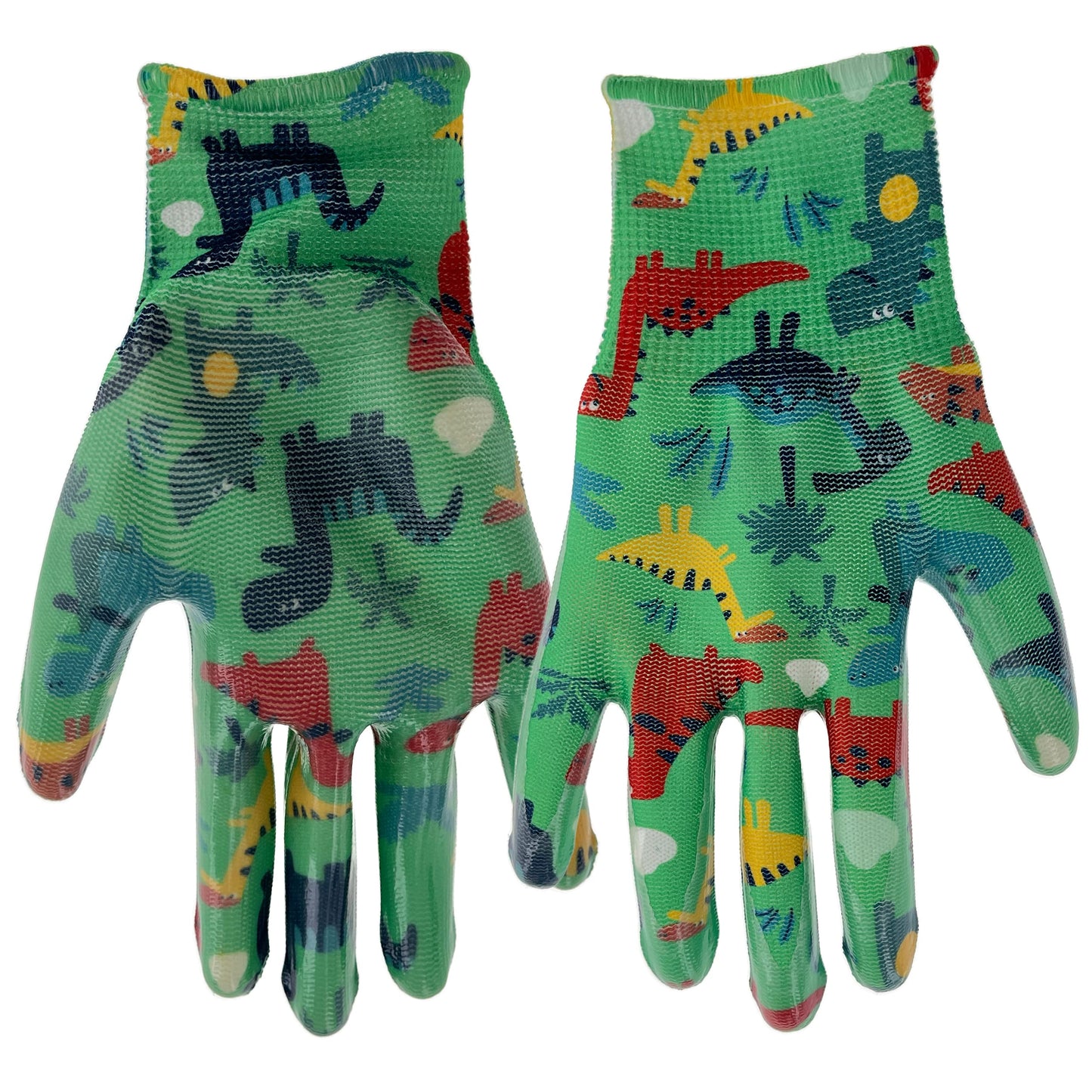 Simply MUD Kids (ages 5-8) Garden Gloves, Nitrile Coating, Lightweight, High Dexterity, Moisture Wicking, Green/Dino Pattern (MD31041M)