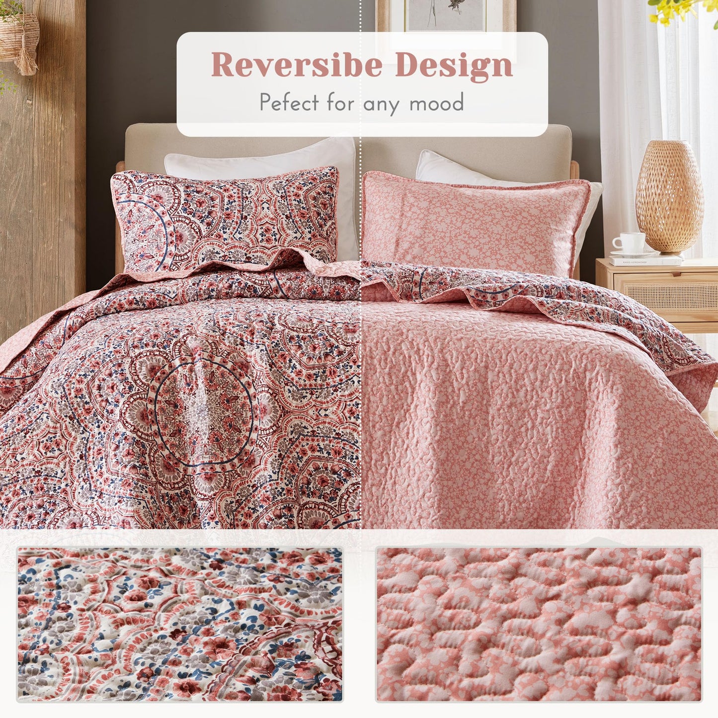 Comfort Spaces Valerie Boho Quilt Set Twin/Twin XL Pink - Soft Reversible Watercolor Medallion Bedding, Lightweight All Season Bedspread for Kids Teens Dorm Guest Room