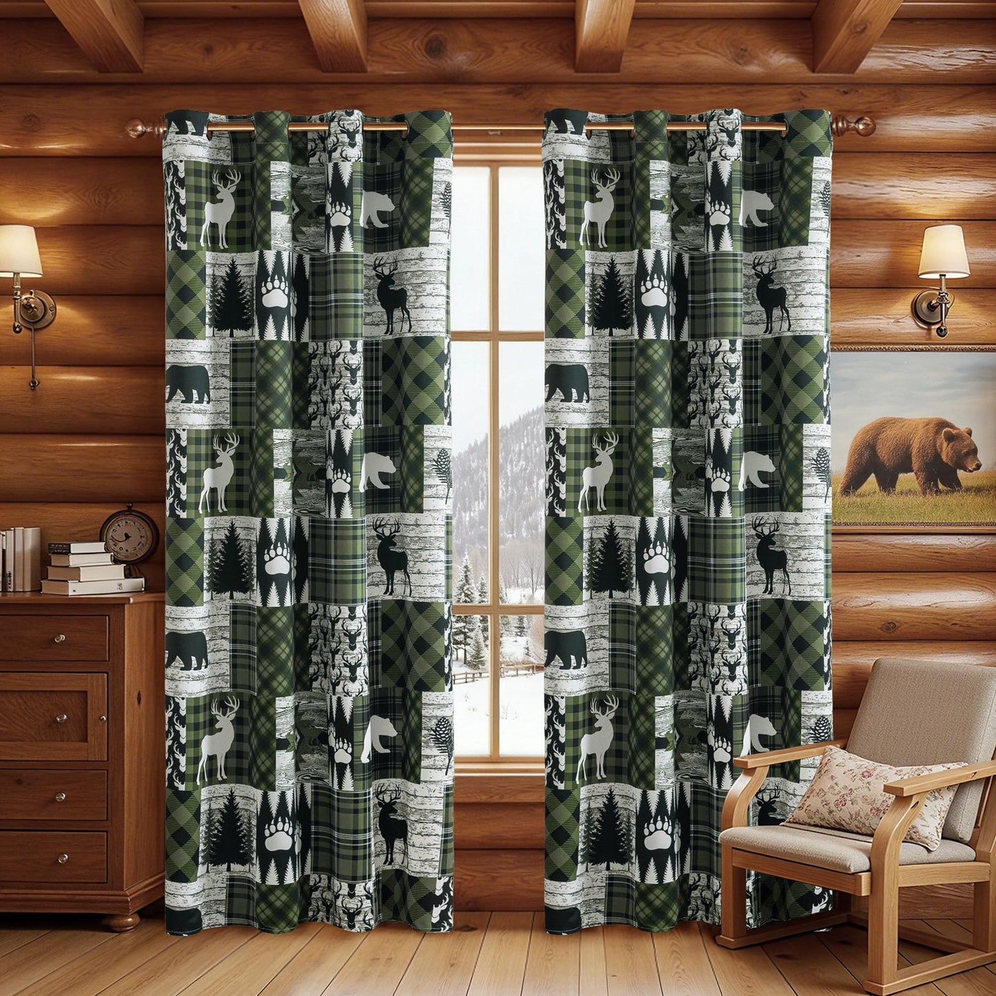 Dark Green Rustic Cabin Curtains 2 Panels Country Curtain 50% Light Blocking Darkening Grommet Window Treatments Farmhouse Patchwork Plaid Drapes Decorative for Living Room Bedroom, 52x96 inches