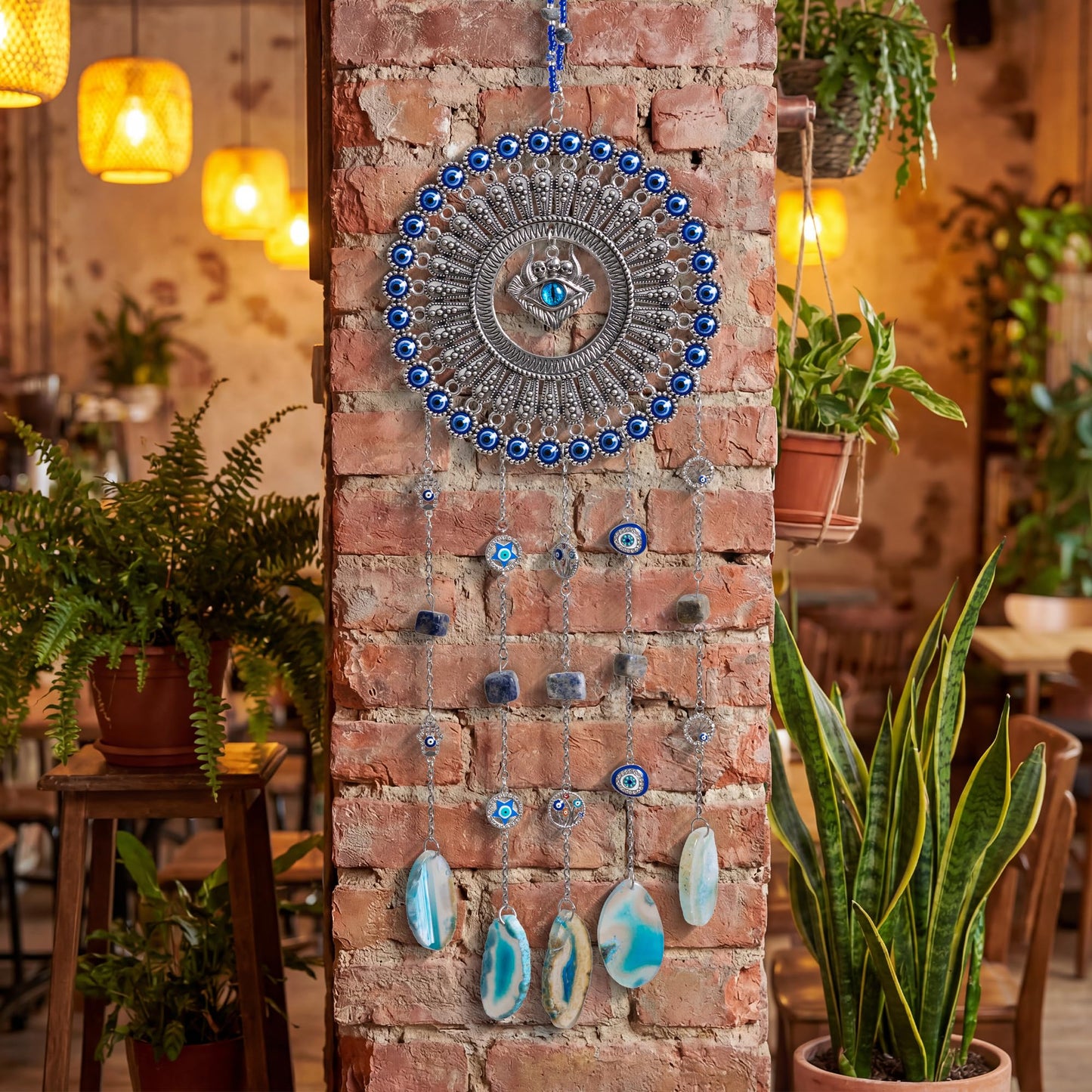 Evil Eye Dream Catcher, Handmade Blue Agate Stone Catcher with Crystals, Protective Bohemian Wall Hanging Decor for Bedroom, Window, Garden - Unique Housewarming Gift for Friends and Family