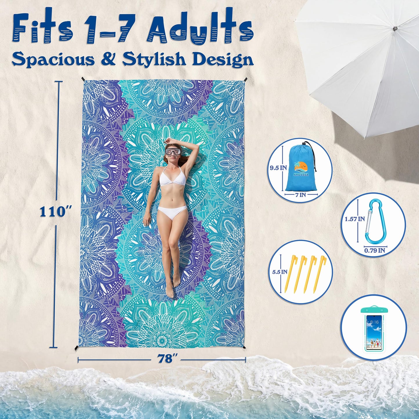Aroveea Beach Blanket Waterproof Sandproof 1-7 Adult Oversized 78'' × 110'' Lightweight Durable Compact Sand Free Beach Mat for Travel Camping Hiking Picnic Blanket Extra Large