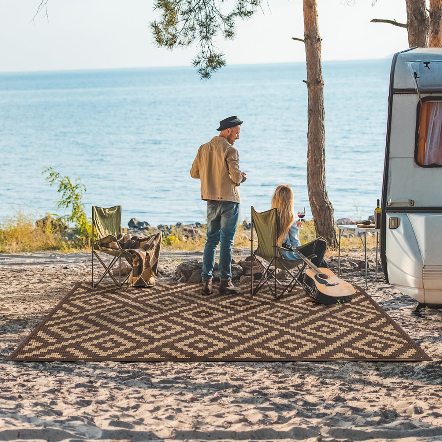 GENIMO Outdoor Rug for Patio Clearance, 6'x9' Reversible Plastic Straw Rugs, Lightweight Waterproof RV Camping Mat for Camper, Balcony, Deck, Backyard, Picnic, Coffee & Brown