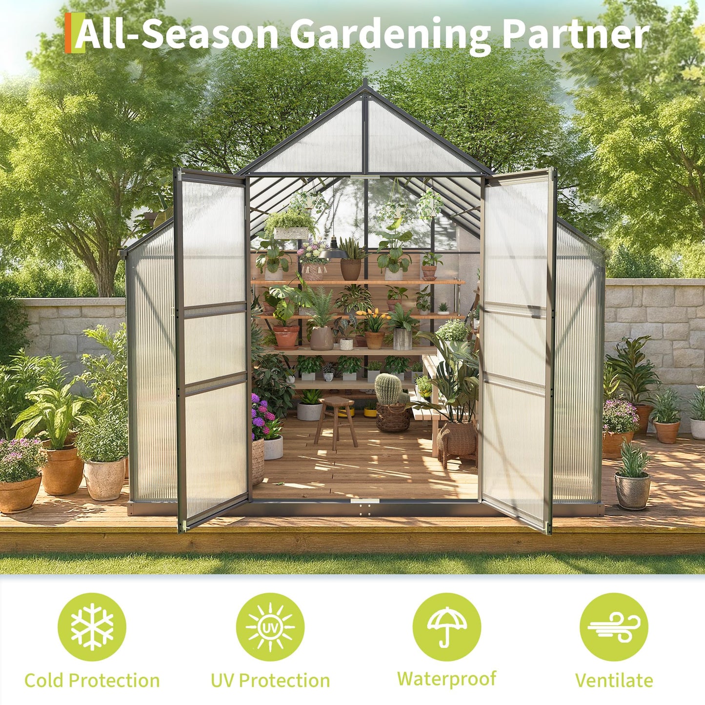 GarveeLife 8*16 ft Outdoor Walk-in Greenhouse, Polycarbonate Green House, Heavy Duty Greenhouse with Vented Roof Window, Windproof Aluminum Frame, Suitable for Outside Gardening, Backyard, Patio