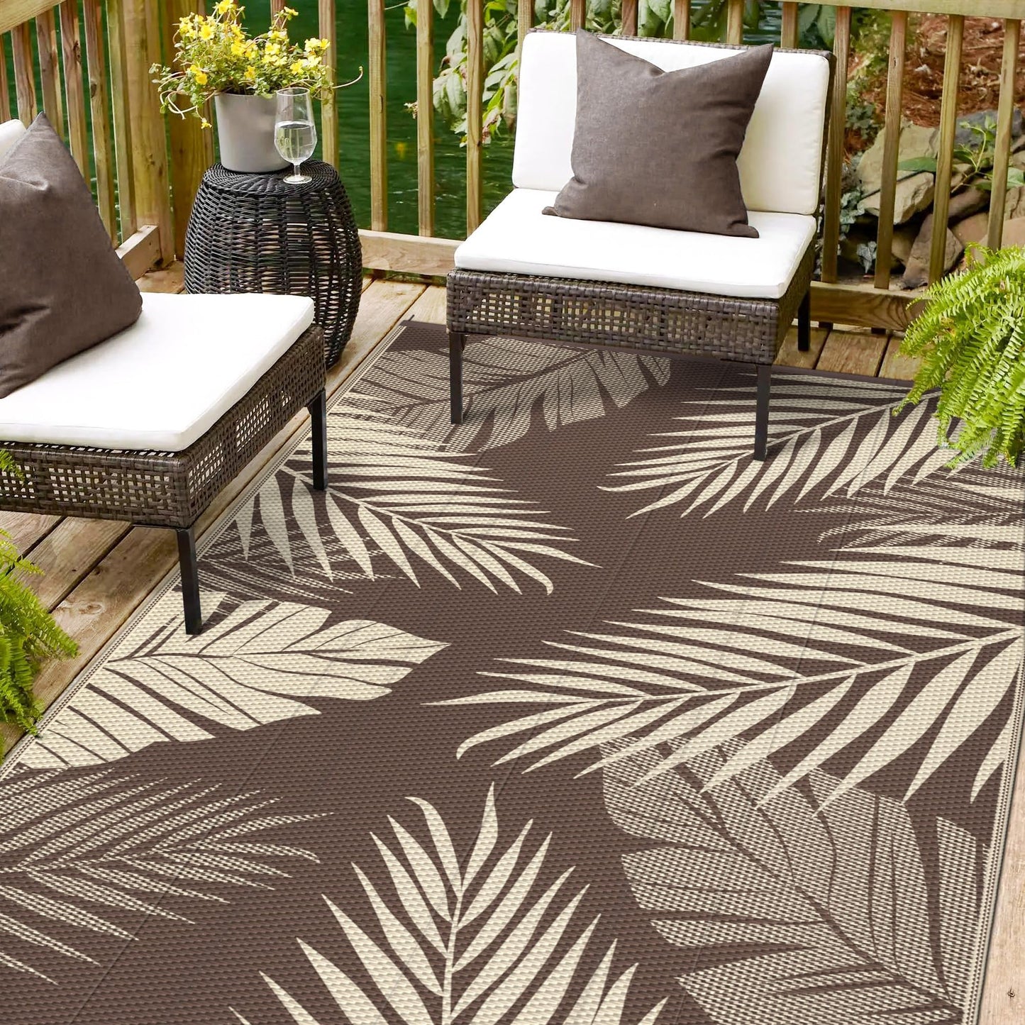sarben Outdoor Rug 9' x 12' Waterproof for Patios Clearance, Reversible Plastic Straw Indoor Outdoor Rug for RV, Picnic, Backyard, Deck, Balcony, Porch, Beach, Coffe and Beige
