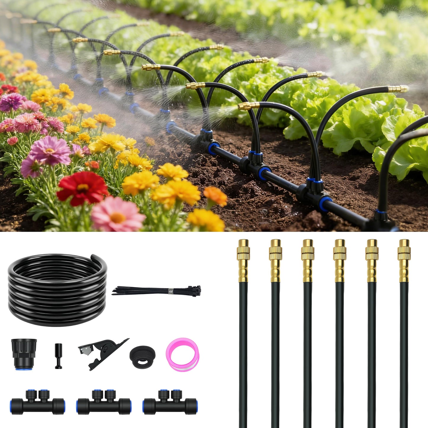 Drip Irrigation System for Garden, Automatic Watering System with Adjustable 360° Copper Spray Nozzles, DIY Drip Irrigation Kit for Yard, Lawn, Greenhouse, Raised Beds & Potted Plants (20FT)