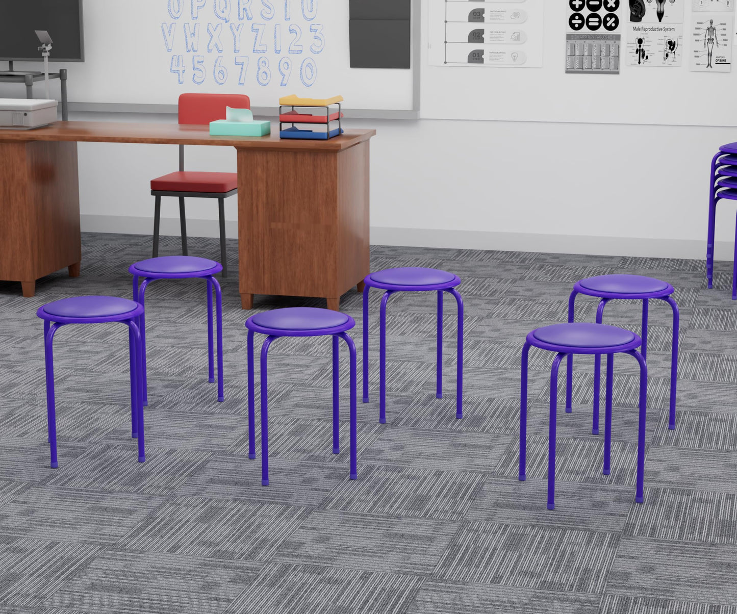 VECELO 6-Piece Stacking Stools, 17 Inch Standard Height, Padded Seat & Steel Legs, Portable Stackable Decoration Stools for School Classroom and Office Use, Purple