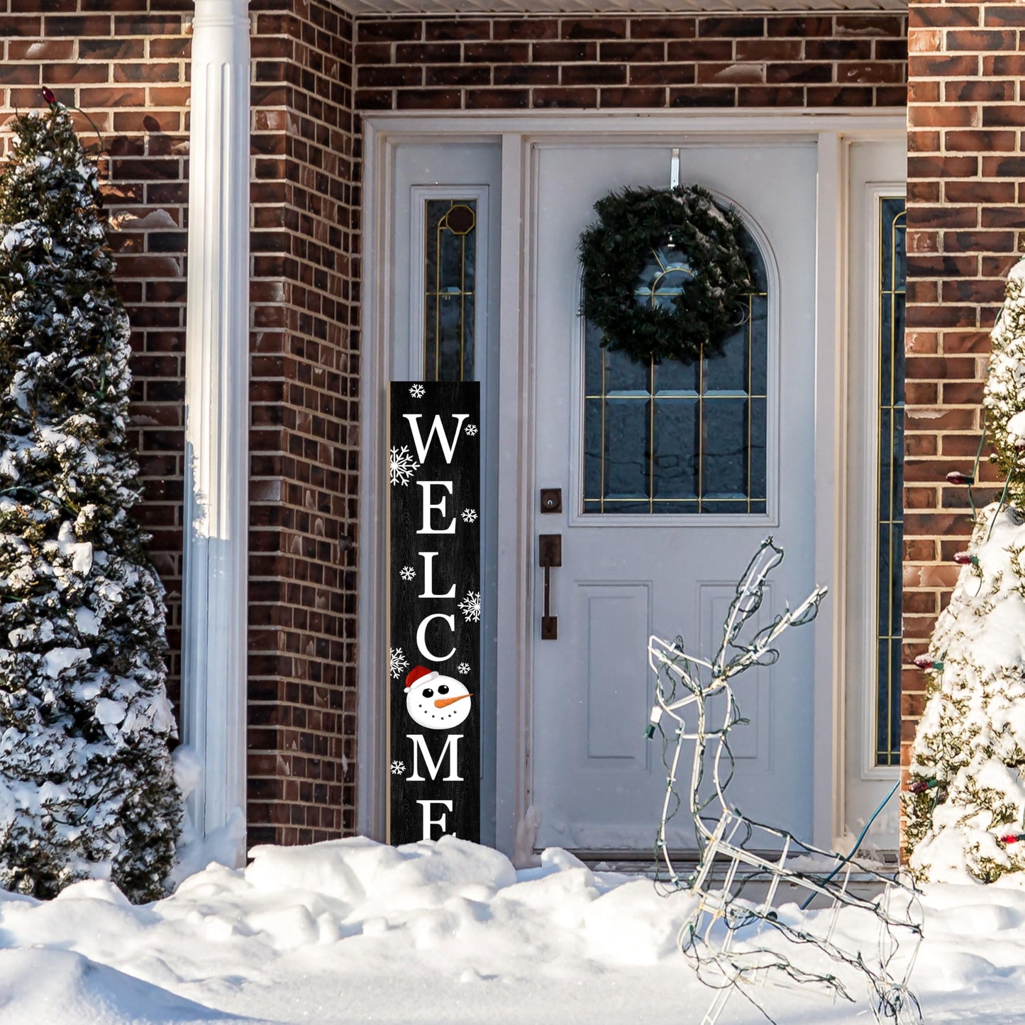 Winter Welcome Sign Vertical Porch Sign with Snowman and Snowflakes Black Wood Outdoor Christmas Holiday Decor for Home Outdoor Yard Party