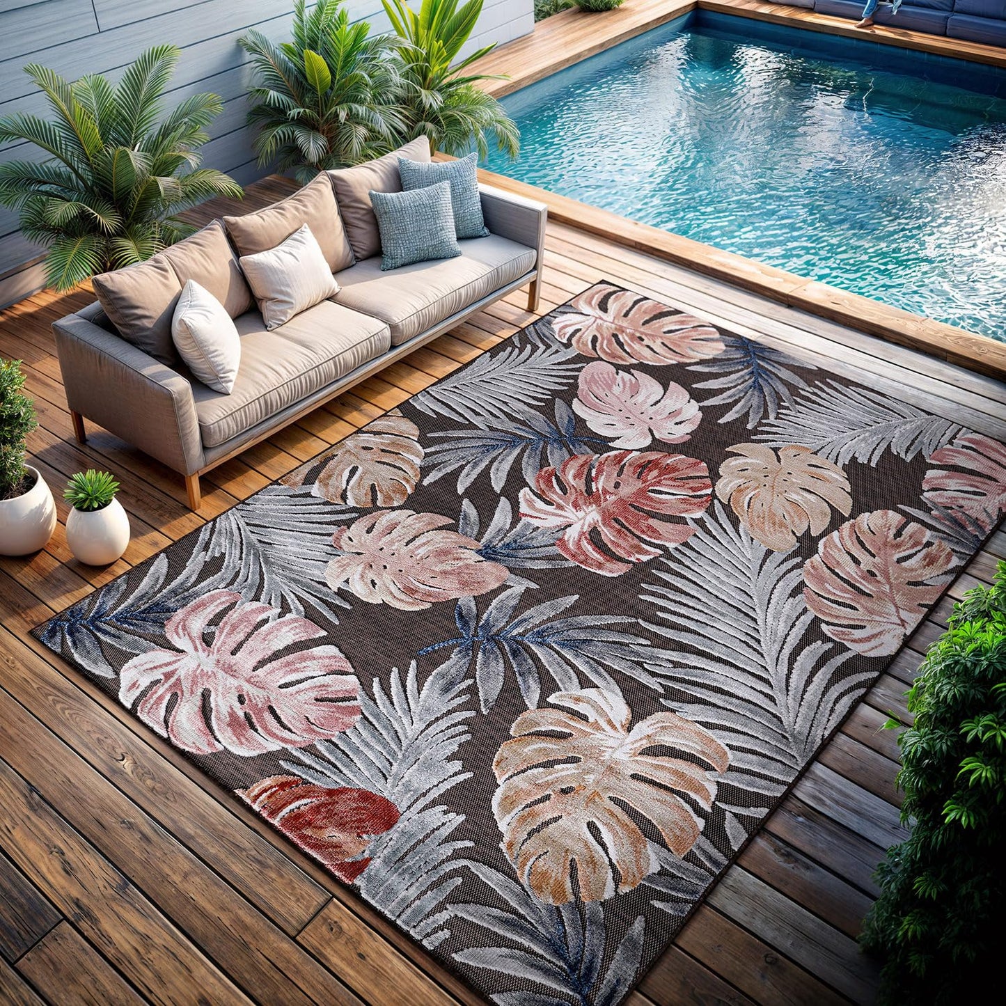 CAMILSON Indoor Outdoor Rug, Brown 7’10”x10’ Leaf Tropical Botanical Area Rugs for Indoor and Outdoor patios, Easy-Cleaning Non-Shedding Living Room, Garden and Kitchen Washable Outside Carpet (8x10)