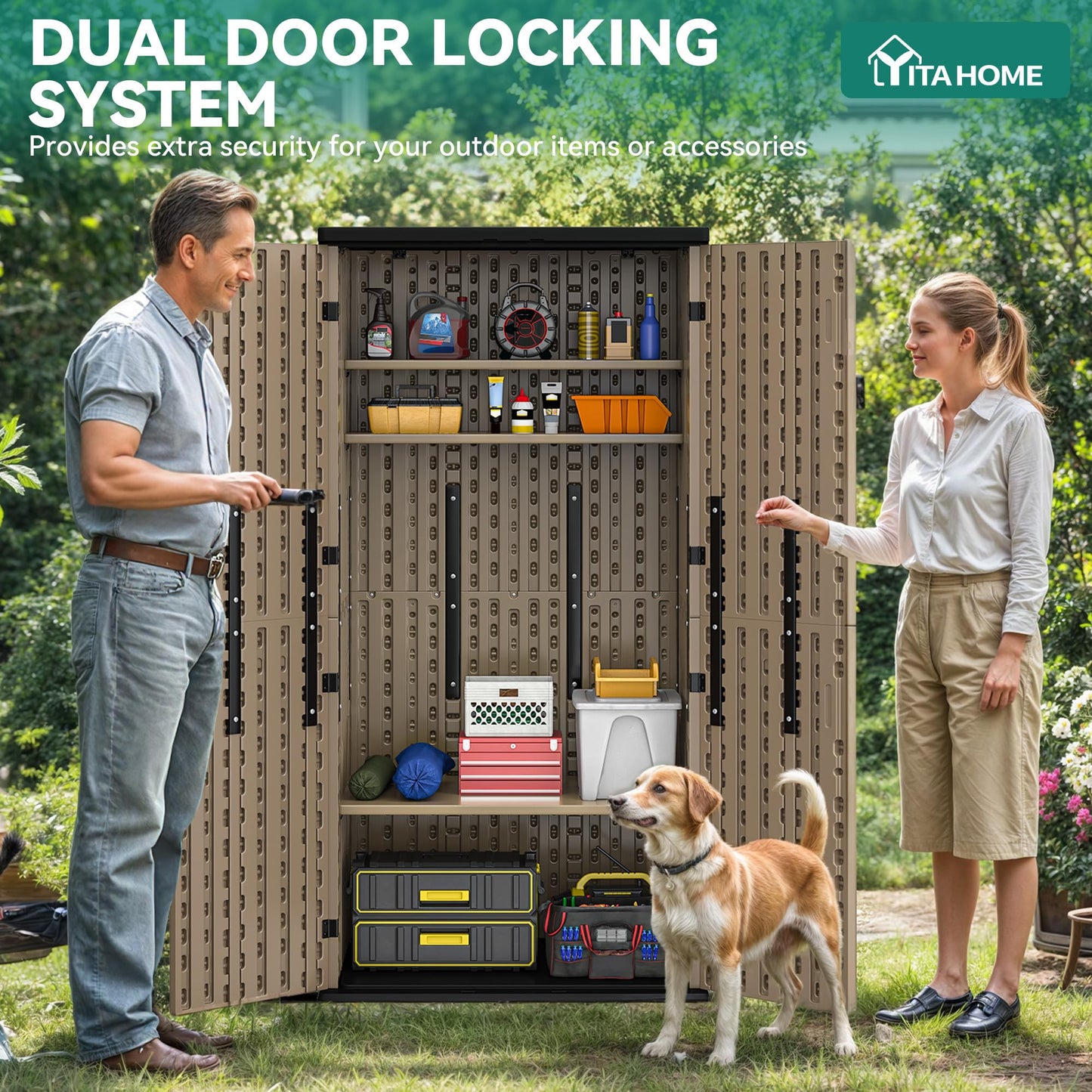 YITAHOME Outdoor Tall Storage Cabinet with 4 Shelves, Waterproof Resin Vertical Tool Shed, Lockable 30 cu. ft. Storage Shed for Patio, Garden, Yard, Brown