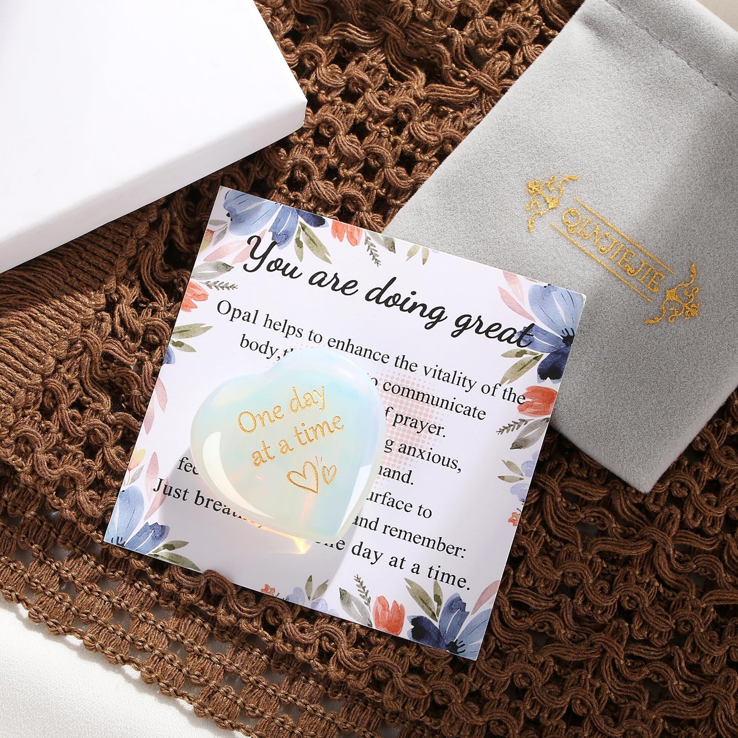 QINJIEJIE Opal Hearts Stone One Day at A Time Healing Crystal Thinking of You Gifts for Anxiety Relief Items You Got This Inspirational for Friend Heart Gifts for Women Valentines Day