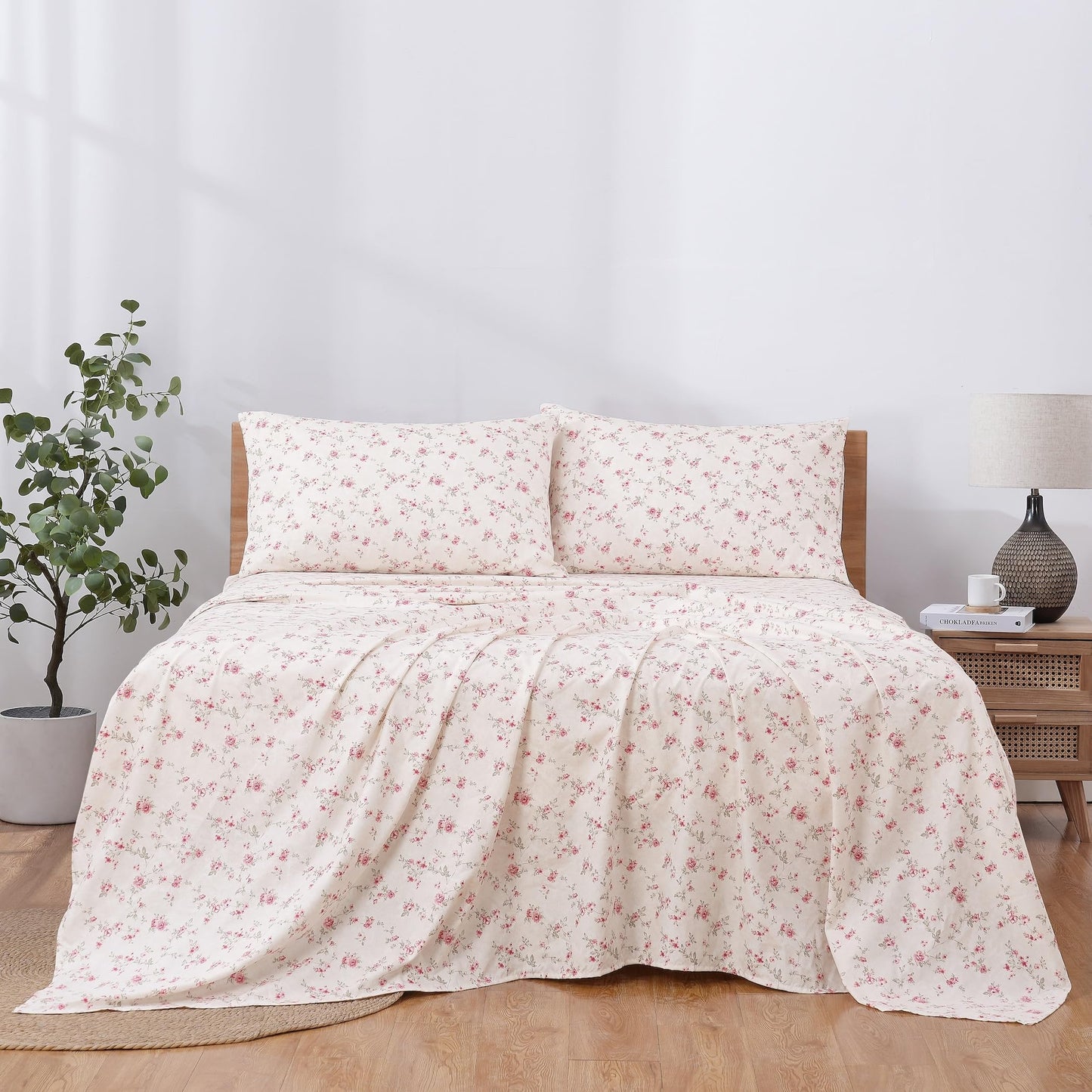 Modern Threads 4-Piece Ultra Soft Microfiber Bed Sheets Set, Wrinkle Free Sheets with Deep Pockets Fitted Sheet, Flat Sheet & Pillowcases, Lightweight Breathable Bedding, Floral Rose, Queen