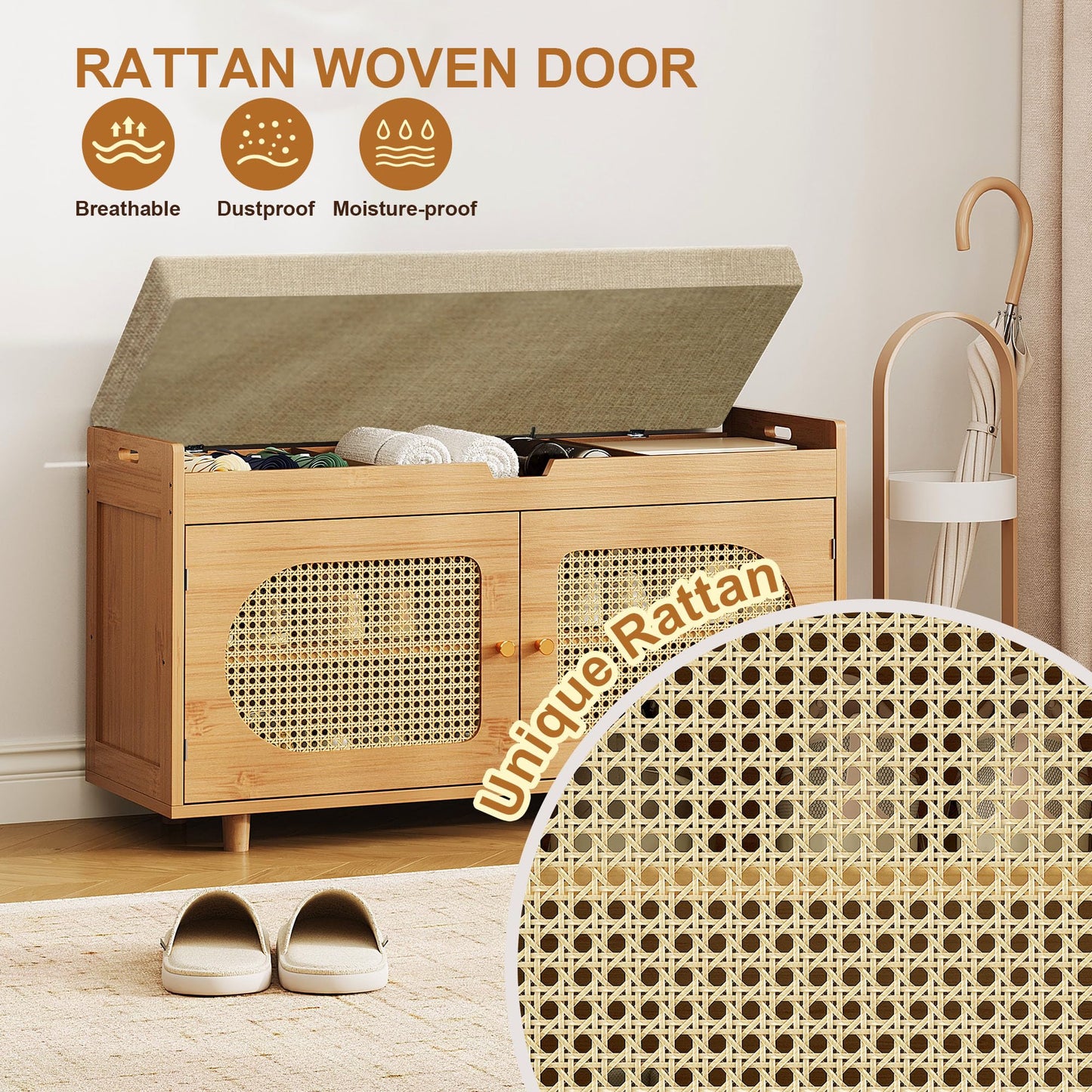 PETKABOO Rattan Shoe Storage Bench, 35.4" Bamboo Entryway Bench, 2-Tier Shoe Rack with 2 Doors & Padded Seat Cushion for Entryway, Living Room, Bedroom