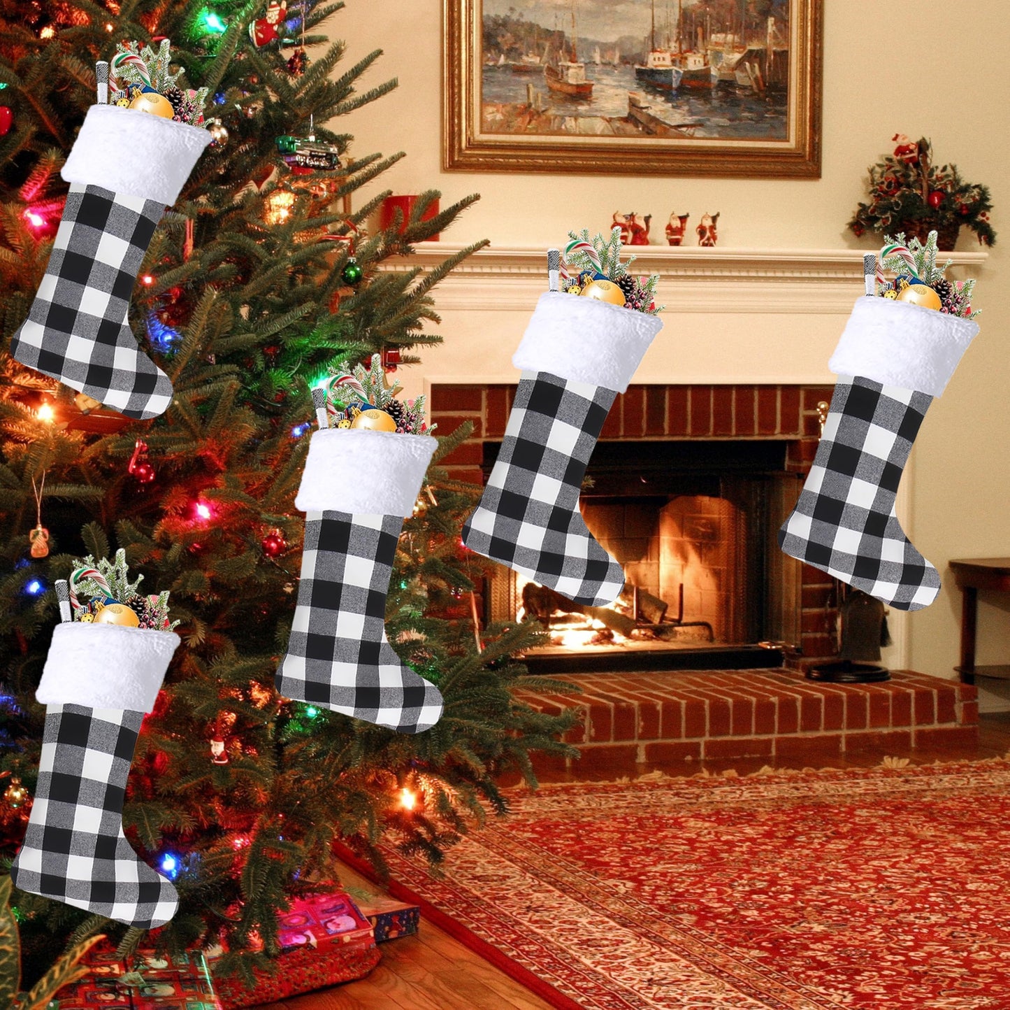 Christmas Stockings 4 Pack,Buffalo Plaid Christmas Stockings,20 Inch Classic Large White Black Plaid Christmas Stockings Decorations,Xmas Stockings Set of 4 Fireplace Family Holiday Party Decor