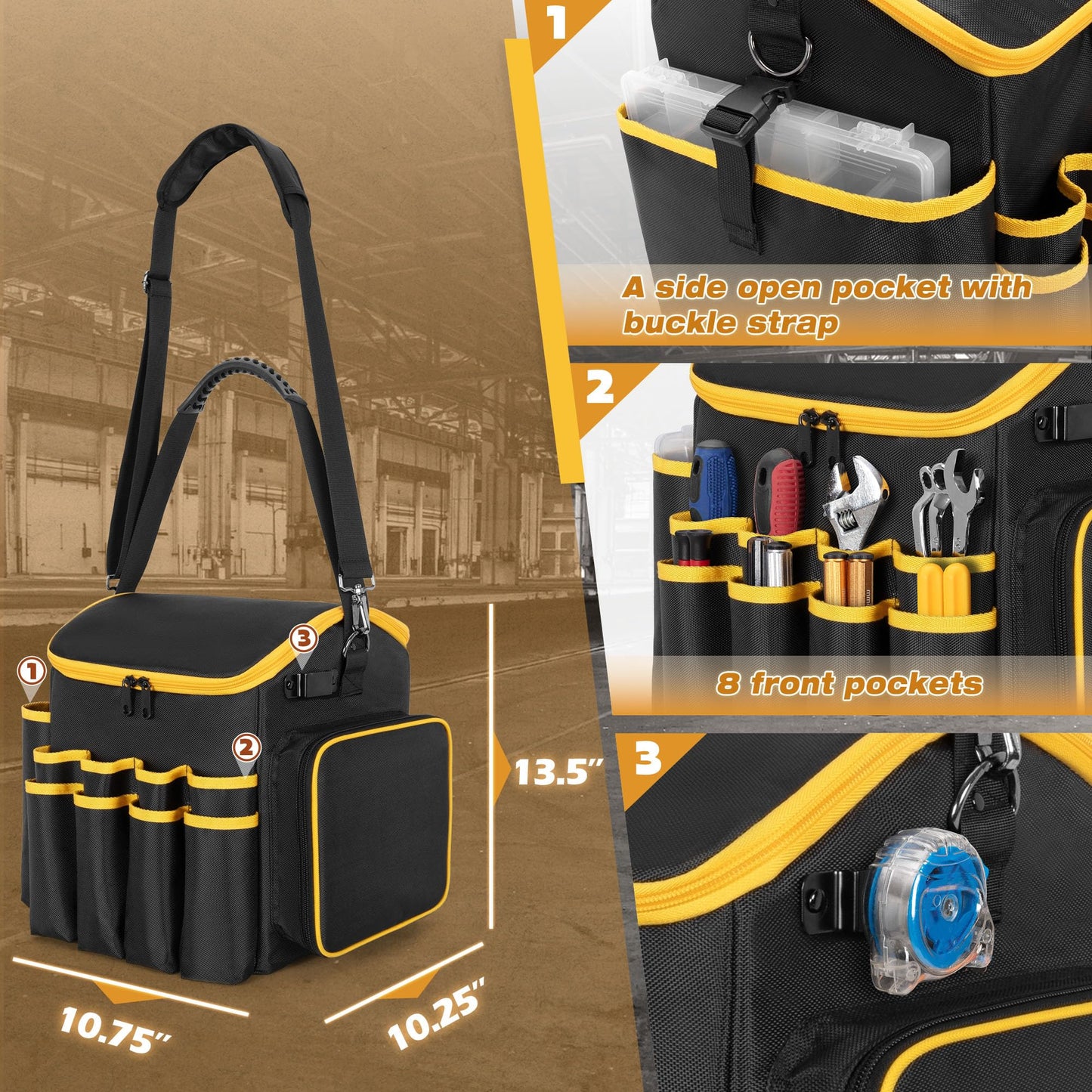 Marscamd Tool Bag with a Detachable Divider and Shoulder Strap, Heavy Duty Tool Tote with Multiple Pockets, Black
