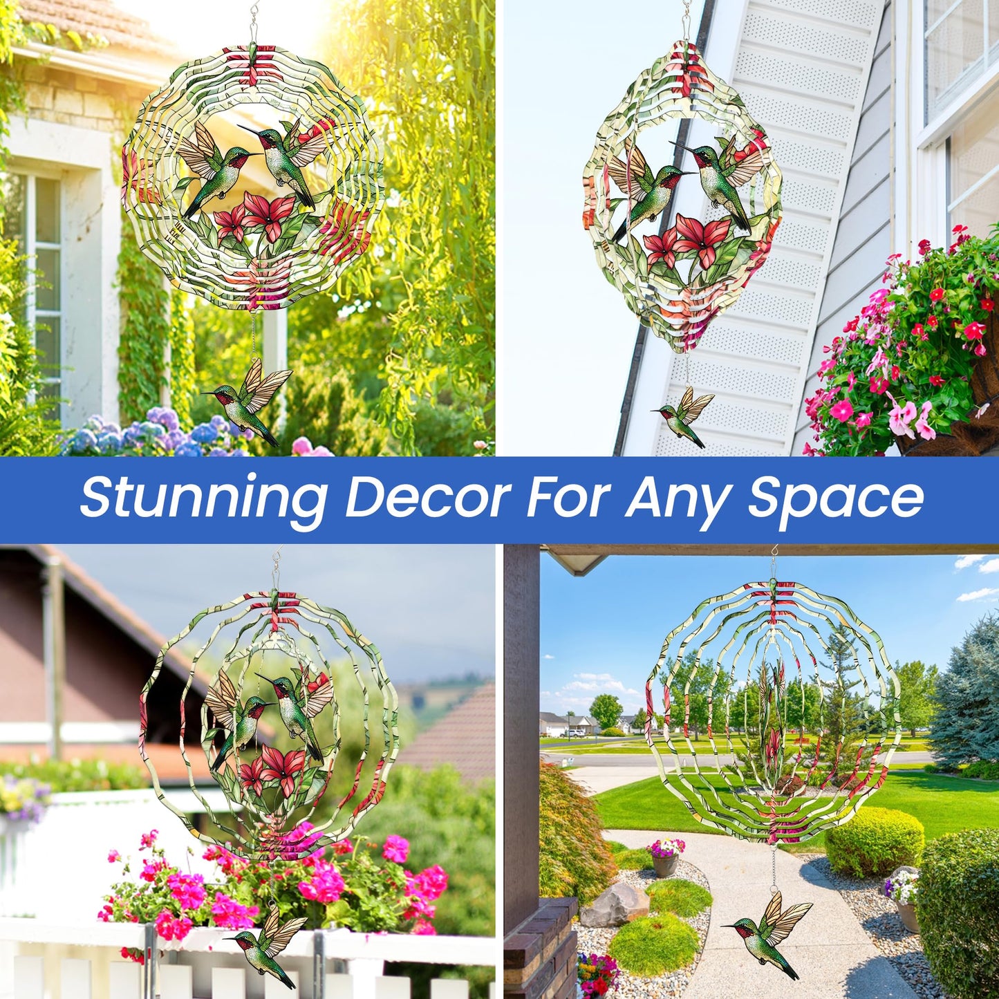 FLAGWIX Hummingbird Gifts for Women - 3D Stainless Steel Metal Wind Spinners 12in - Hummingbird Wind Spinner Yard Decorations Outdoor Indoor Hanging Garden Decor, Mothers Day Birthday Gift For Grandma