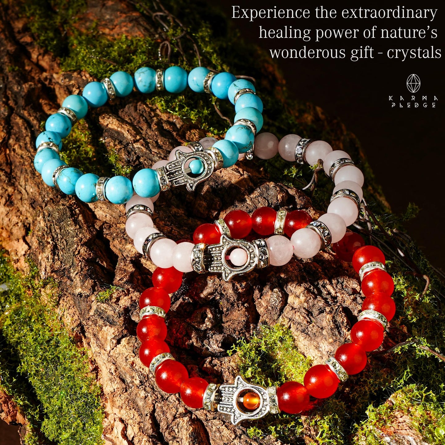 Healing Crystal Bracelet, Chakra Bracelets for Women & Men, Bracelet for Meditation, Positive Energy & Balance, Handmade Bracelets Crystal by Karma Pledge (Turquoise, Carnelian and Rose Quartz)