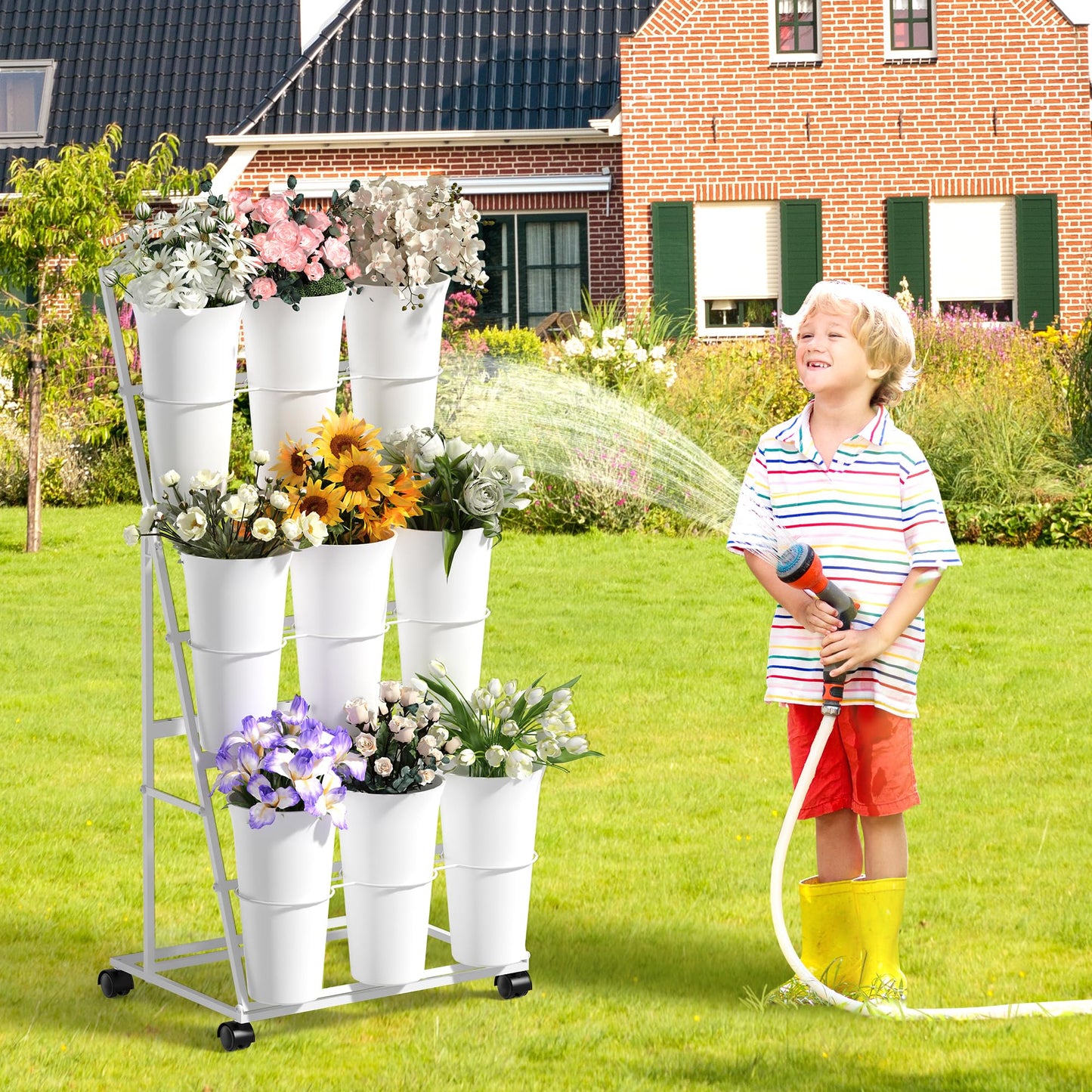 Invech Flower Display Stand with 9 Buckets, 3 Tier Flower Cart Display Stand and Wheels for Indoor Outdoor Garden, Wedding, Flower Shop (White)