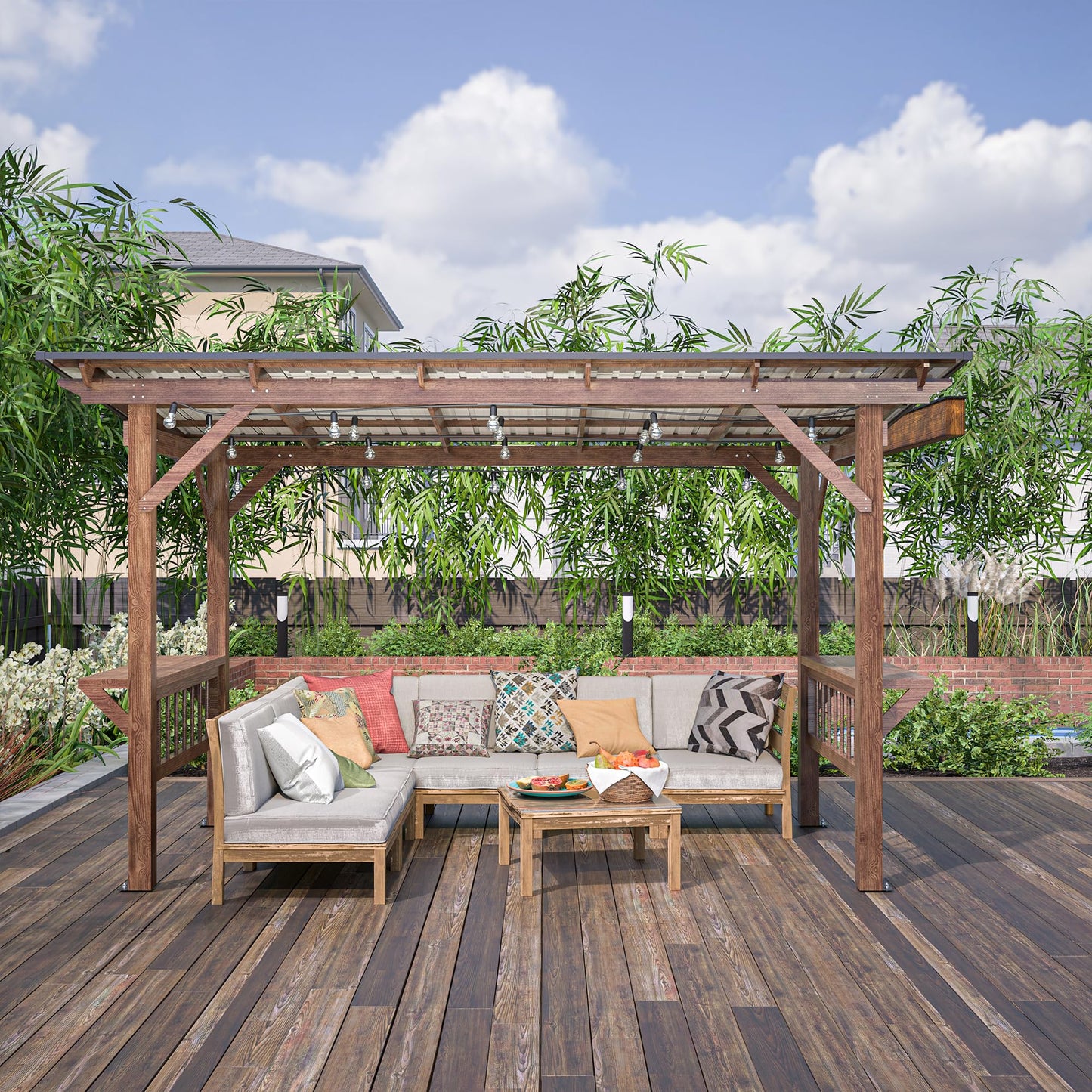 KEIKI 13' x 6.5' Wooden Grill Gazebo Metal Roof, Bulbs, Bar Counters, Patio Hardtop Grill Pergola, BBQ Canopy for Lawn, Garden, Outdoor Patio, Backyard