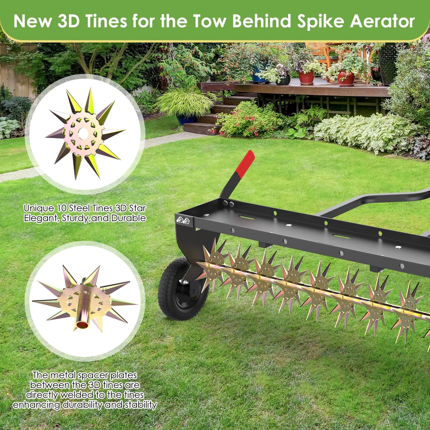 Seeutek 40 Inch Tow Behind Spike Aerator - Heavy Duty Rolling Lawn Aerator with 3D Steel Tines & Weight Tray, Extra-Wide Tow Bar Soil Penetrator Spikes Tractor with Folding Shovel for Lawn Garden Farm