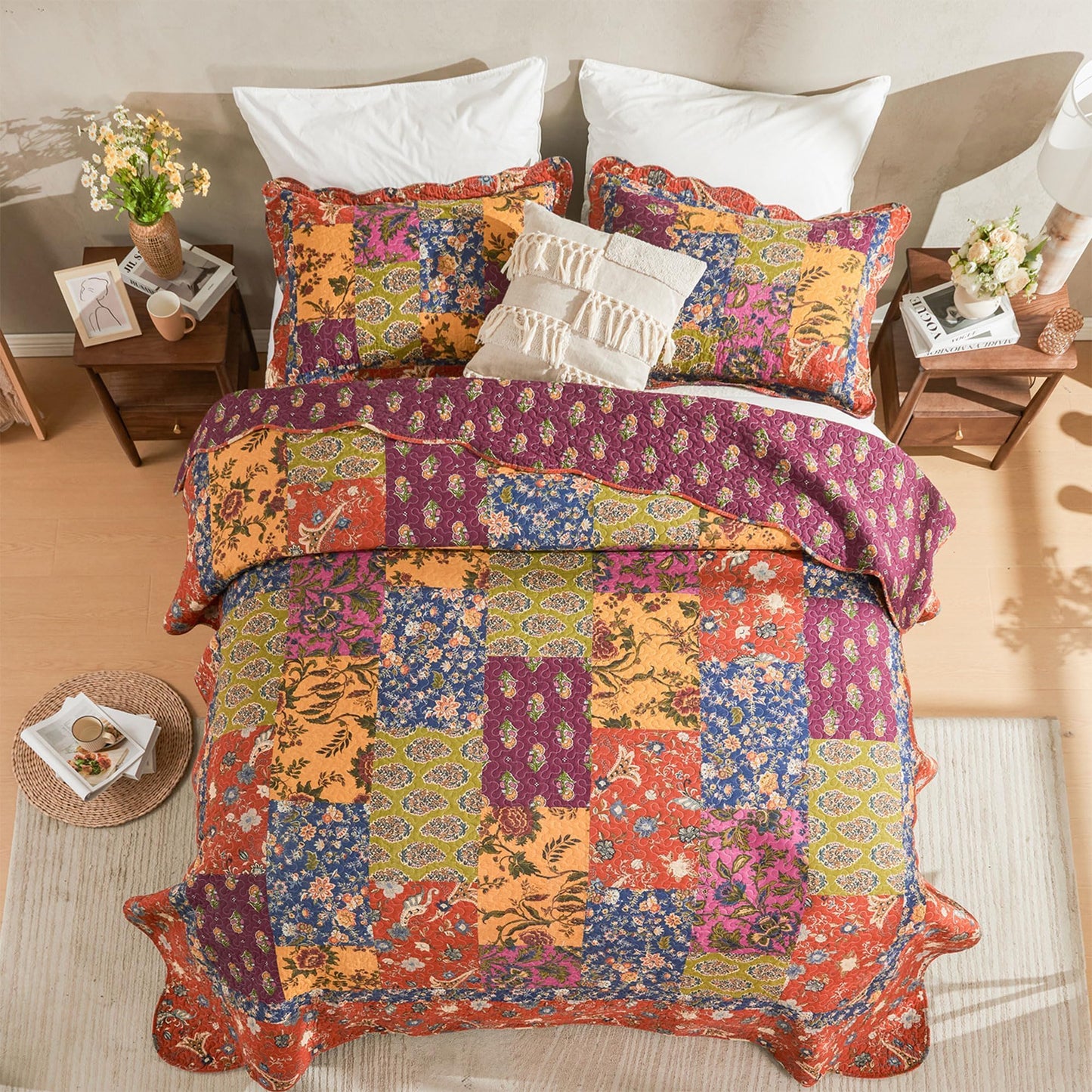 DECMAY 100% Cotton Quilt Queen Size, 3 Pieces Patchwork Bedspreads Queen Quilt Bedding Set, Lightweight Farmhouse Reversible Coverlet Comforter Set with 2 Pillowcases for All Seasons, Orange