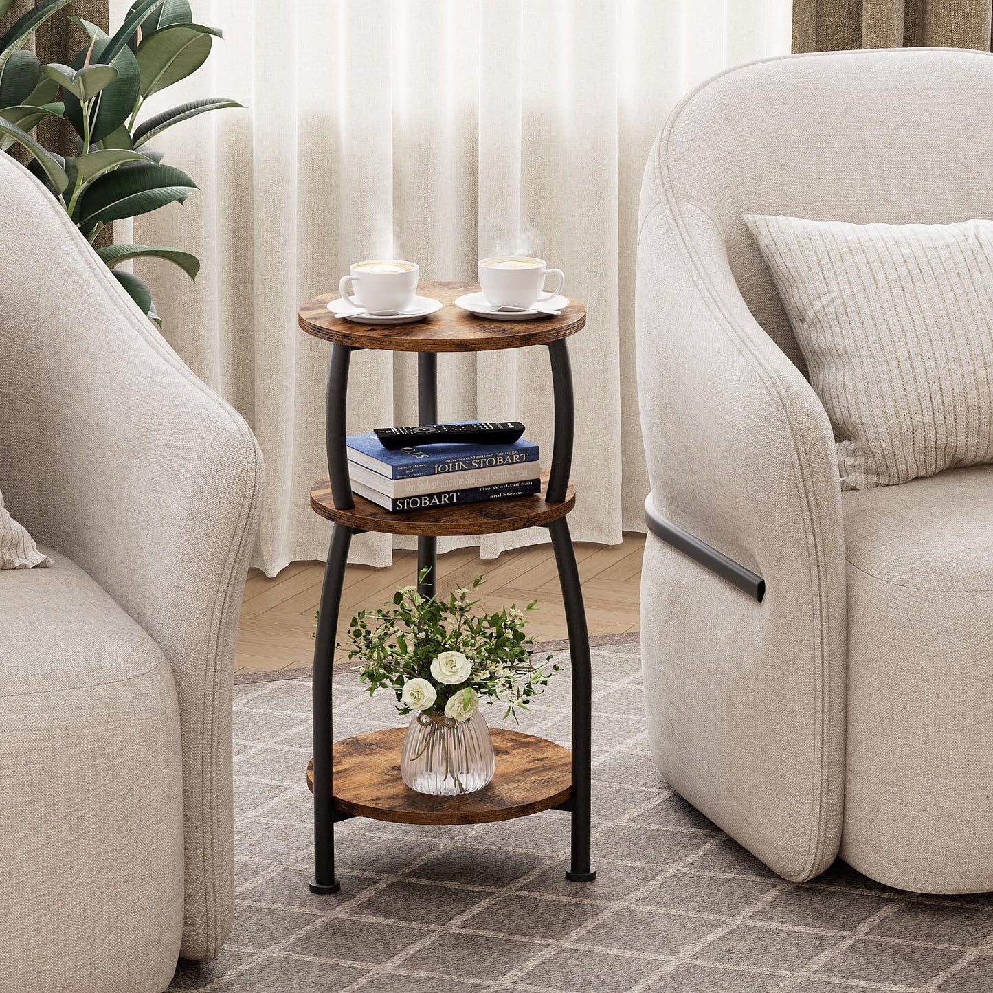 Yuede Small Round Side Table, 3-Tier End Table with Storage Shelf, Slim Coffee Table for Small Spaces, Industrial Sofa Table for Narrow Gaps in Living Room & Bedroom, Rustic Brown