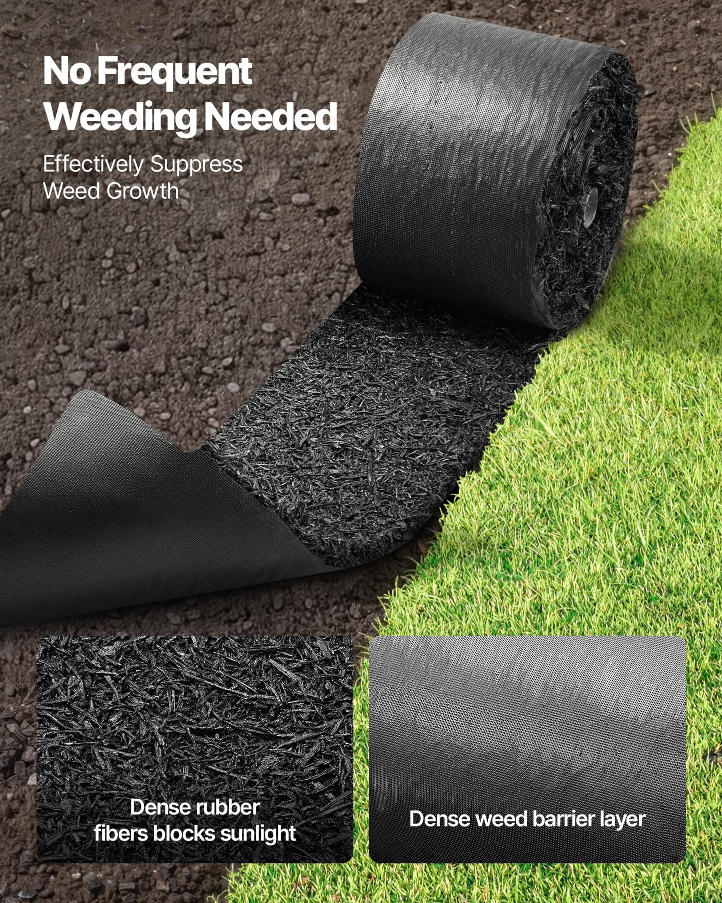 VEVOR Rubber Mulch Mat Roll, 140 x 4.5 in, Recycled Rubber Permanent Mulch Edging Border, Natural-Looking Flower Barrier with Stakes, 0.5 in Thick Cuttable Garden Edgings for Landscaping