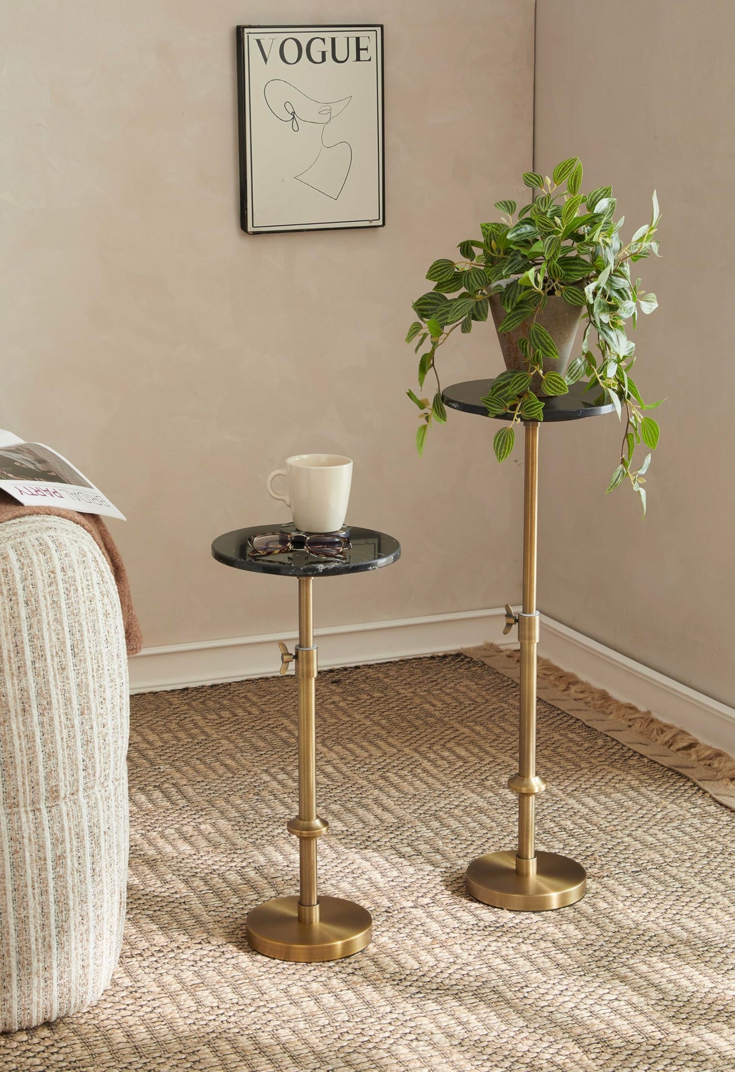 Adjustable-Height Marble Drink Table - 10x10x22-30, Black Marble & Antique Brass, Modern Round End Table, Side Table with Pedestal Stand for Small Spaces, Vintage Metal Martini Cocktail Accent
