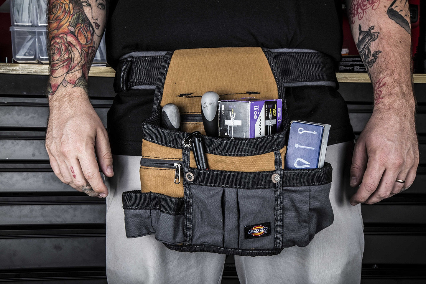 Dickies 8-Pocket Padded Tool Belt/Utility Pouch, Adjustable 3-Inch Belt, Durable Canvas Construction, Tan/Grey