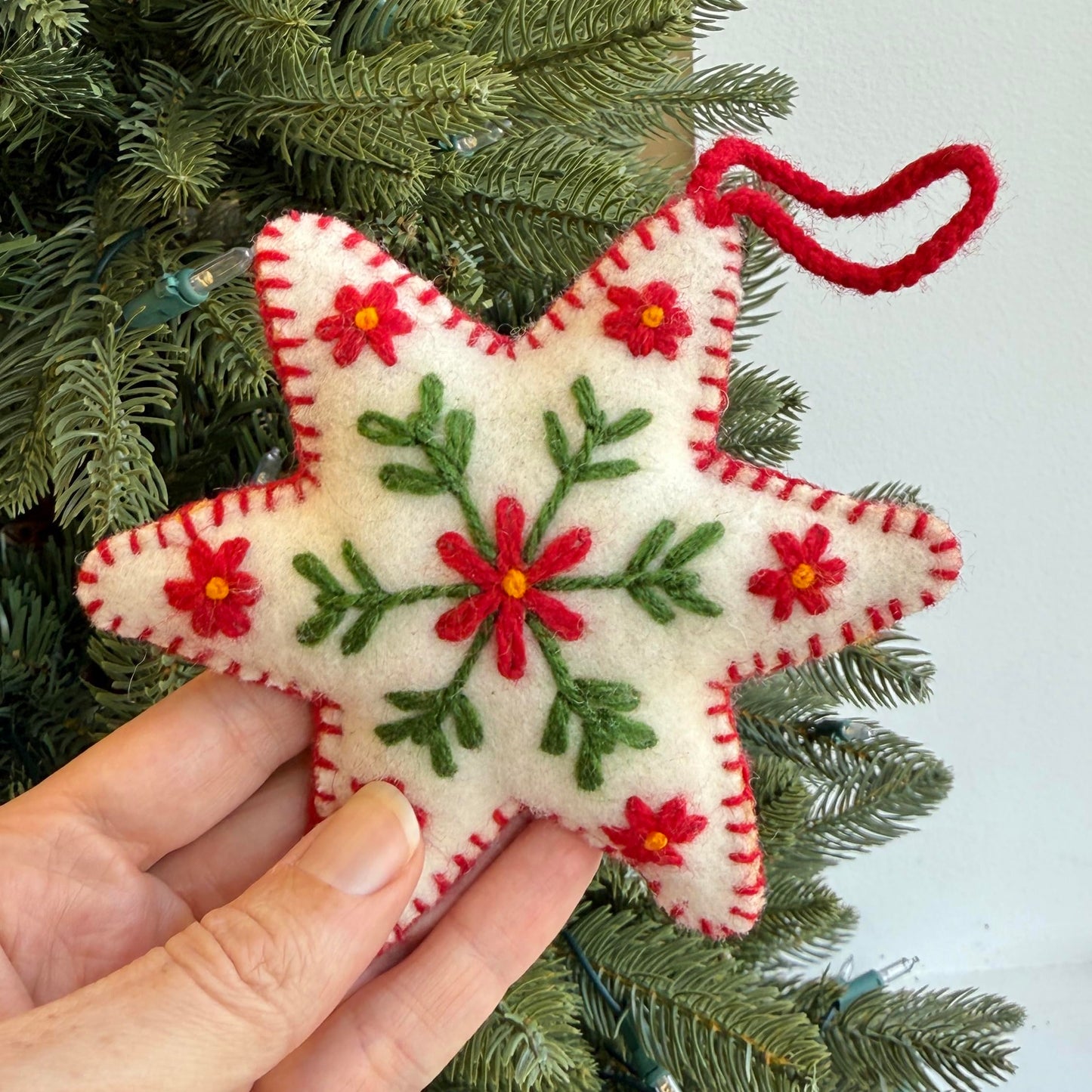 White Star Christmas Ornament Handmade Embroidered Felt