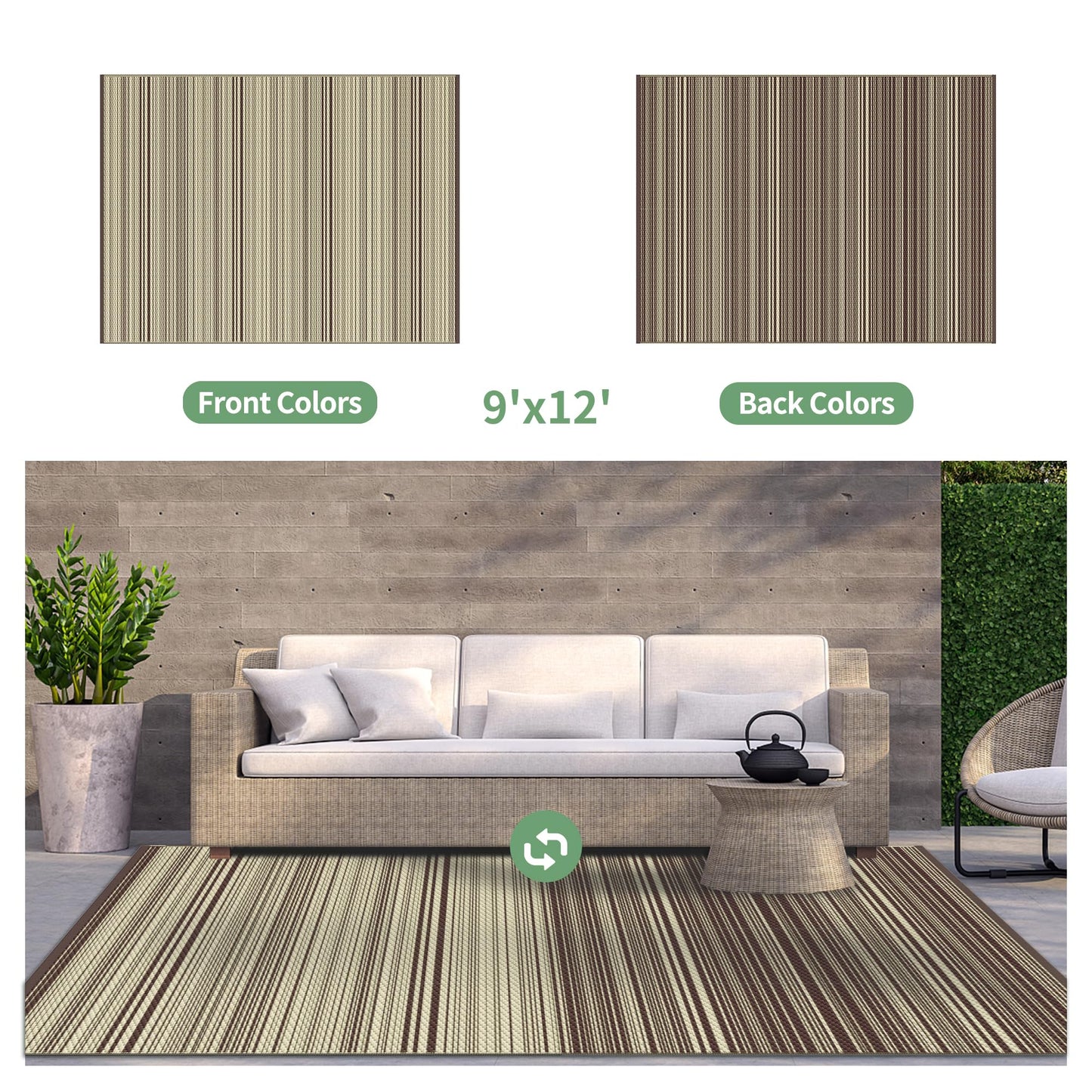 GENIMO Outdoor Rug 9x12 ft Waterproof, Reversible Plastic Straw Patio Rug for RV Camping Mat, Deck, Backyard Balcony Mat - Lightweight & Easy to Clean, CoffeeBeige