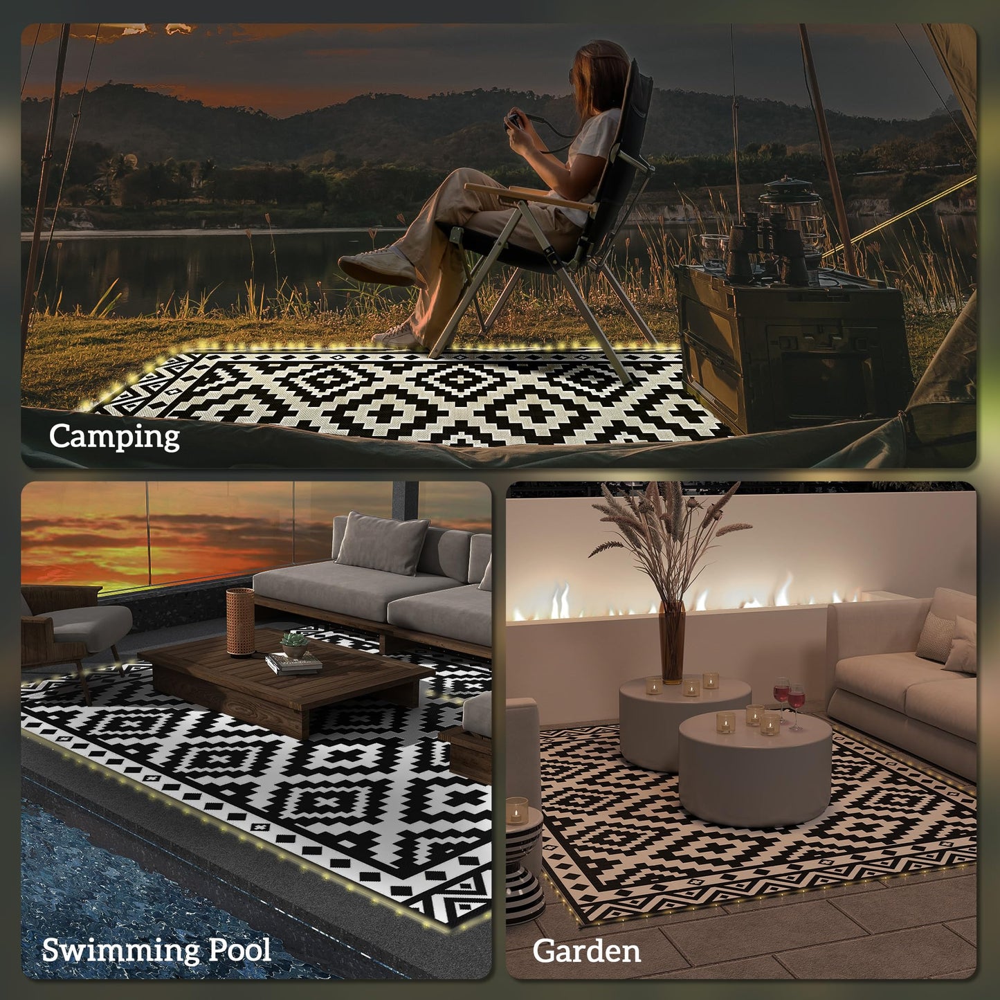 Outsunny Reversible Outdoor Rug Carpet, 12' x 9' Waterproof PP Plastic Straw Rug, Portable RV Camping Mat with LED String Lights, Floor Mat Area, Black and White