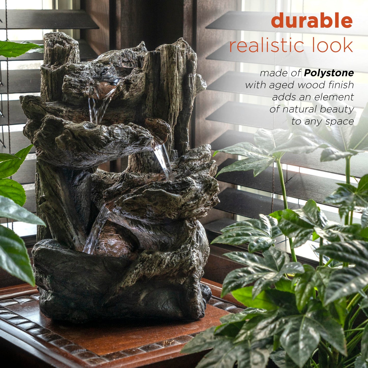 Alpine Corporation | 14"H Indoor Tiered Log Tabletop Fountain with LED Lights — Cascading Waterfall Design Creates Relaxing Ambiance for Home & Office Décor