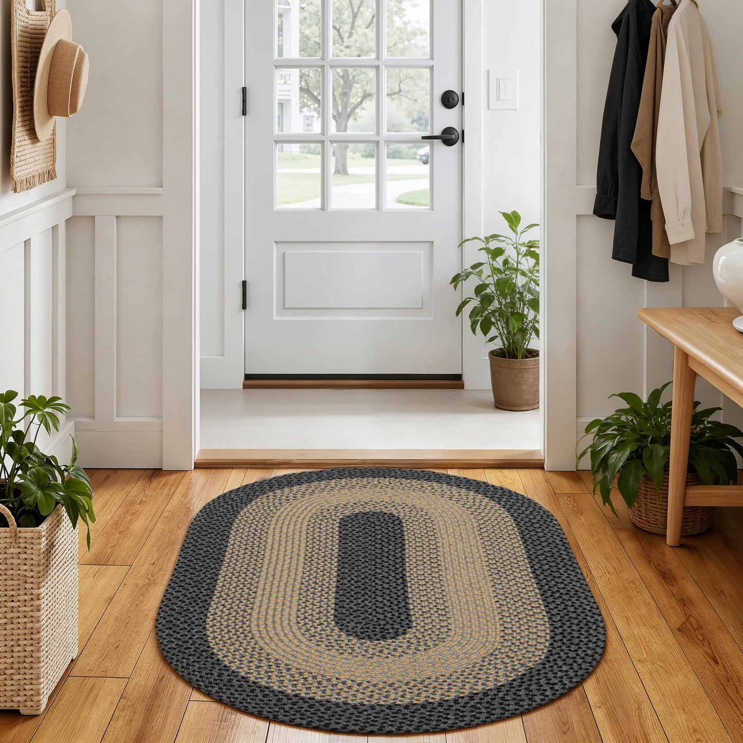 RCTJHOME 3x5 Oval Braided Area Rug, All-Season Farmhouse Rug for Living Room, Dining Room & Kitchen, Door Mat with Anti-Slip Pads for High Traffic Areas, Rope Rug Without Rubber, Brown with Black