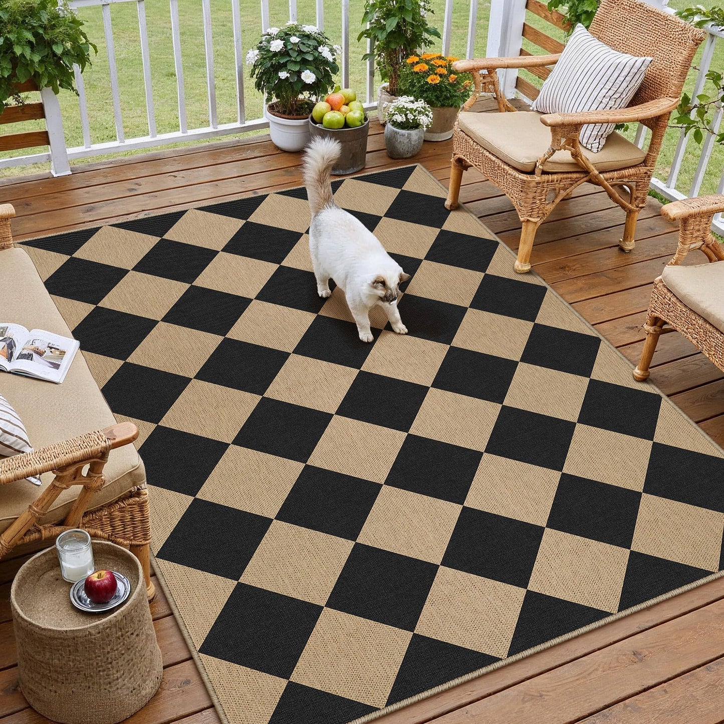 PureCozy 4x6 Checkered Easy Jute Area Rug for Living Room Checkerboard Washable Indoor Outdoor Carpet Farmhouse Patio Office Mat Geometric Non Slip Black Carpet for Dorm Backyard Dining Room