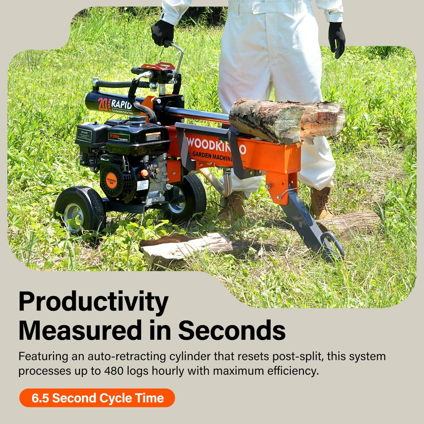 WOODKINGO Log Splitter, 20 Ton, Gas Powered 7 HP 212CC Engine, Automatic Wood Splitting Wedge Machine,Commercial Quality for Fireplace Burning Firewood Supply Forestry Harvesting,Orange