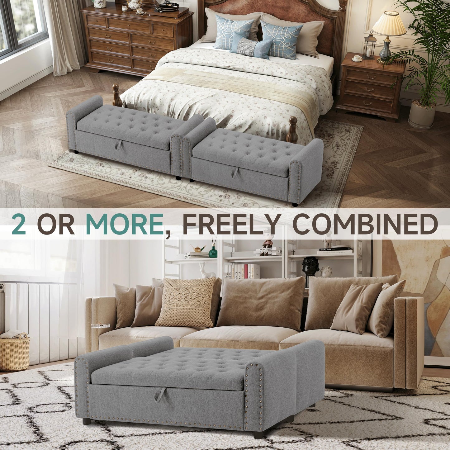 Ottoman with Storage, Tufted Storage Bench for Bedroom, 48" Fabrics End of Bed Bench, Upholstered Entryway Shoe Benches with Rolled Arm & Inner Zipper, Window Ottomans Chest with Rivets, Drak Grey