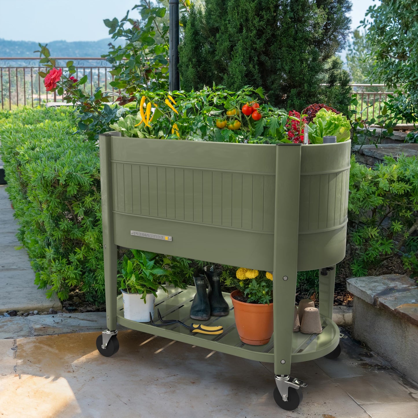 Permasteel Raised Garden Bed with Legs, Planter Box with EnGrow™ TrueSoil™ Technology for Vegetables, Flowers, Herbs, and Fruit, Outdoor Indoor, Storage Shelf, Caster Wheels, Green