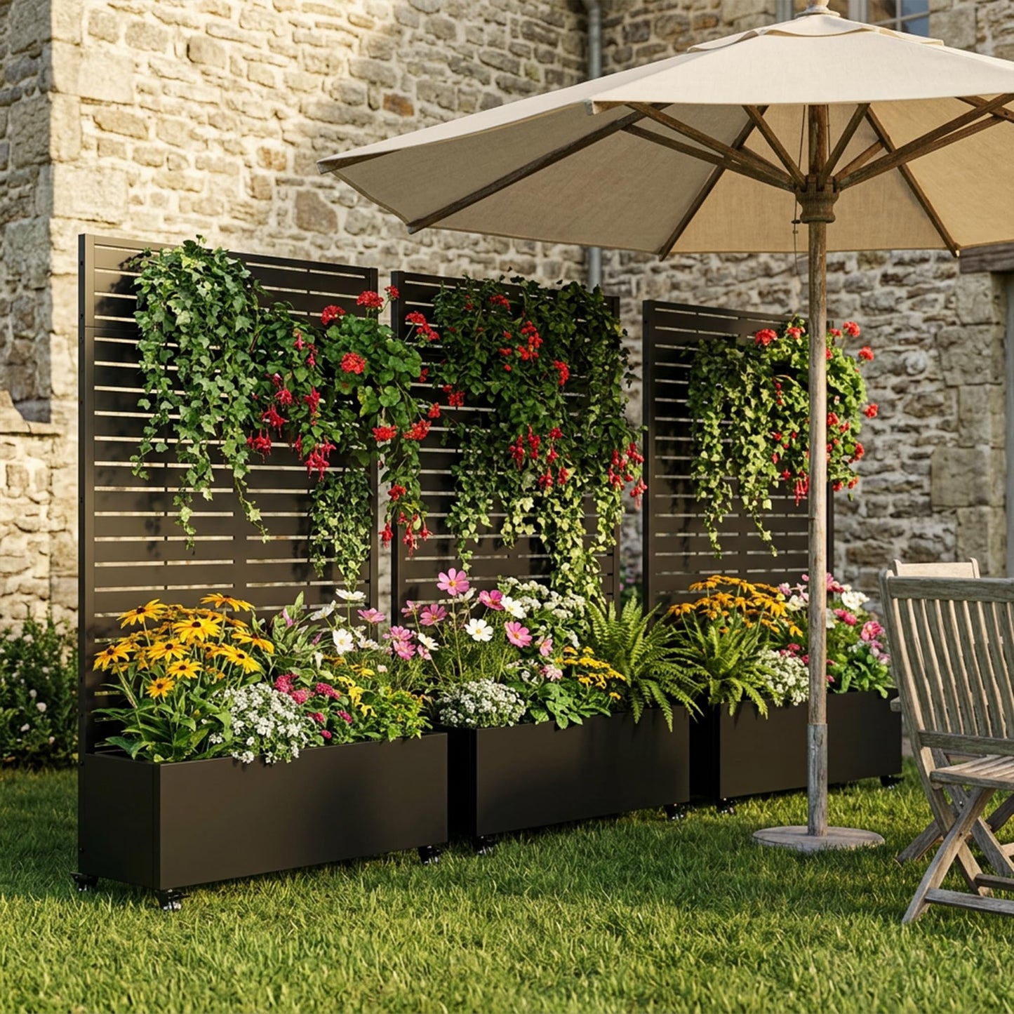 Wooakway 72" Raised Garden Bed with Trellis and Wheels, 52 Gal Metal Planter Box Privacy Screen for Outdoor Patio, Balcony and Backyard, Mobile Vertical Planter for Climbing Plants, Vines, Ivy, Black