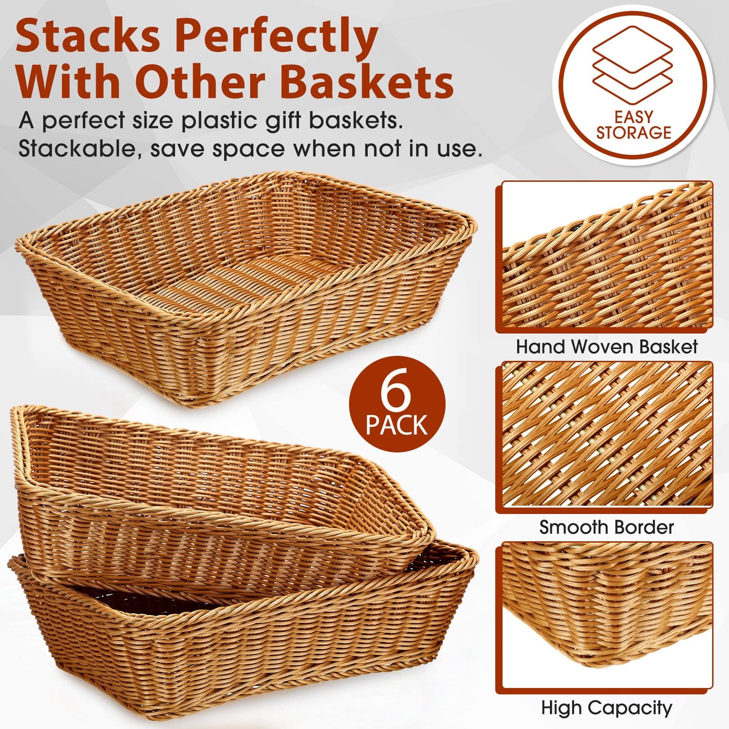 Eccliy 6 Pack Wicker Bread Baskets 15.8 Inch Woven Serving Basket for Gifts, Poly Wicker Storage Rectangle Rattan Display Trays for Bread Food Vegetables Fruit Snacks Tabletop Restaurant Home