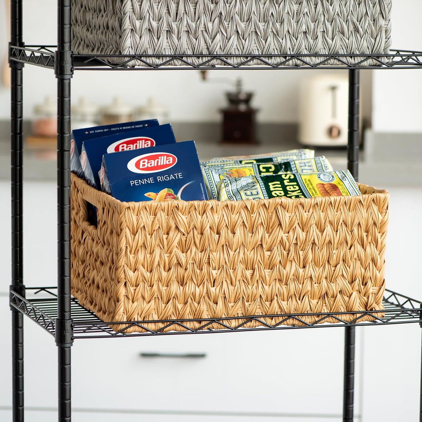 Suptinwear Jumbo Large Plastic Wicker Basket, Waterproof Rattan-Look Storage Basket with Handles, Extra Large Rectangular Woven Basket for Bathroom, Shelves, Closet & Laundry, 16.93"D x 12.99"W