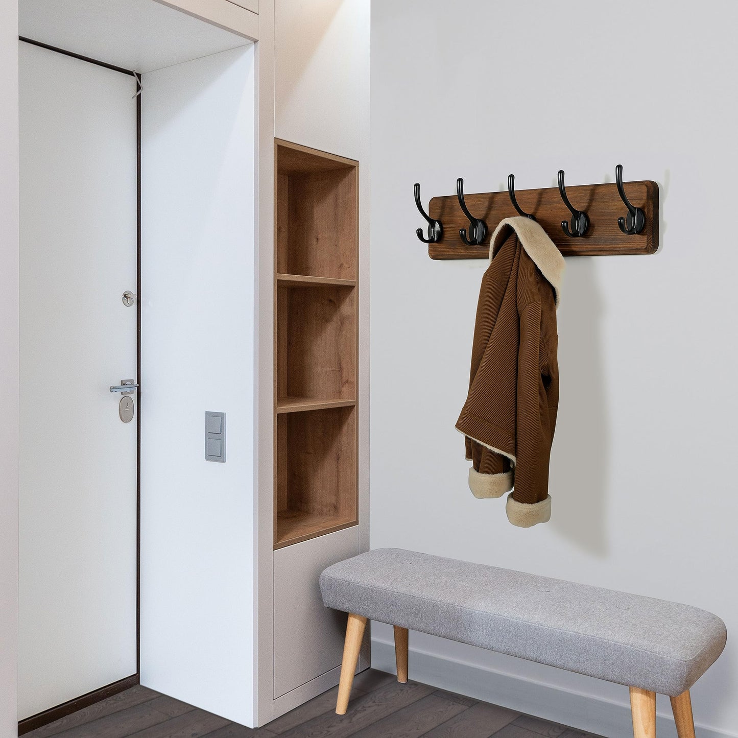 WEBI Coat Rack Wall Mount,Coat Hooks Wall Mounted,16" Hole to Hole,Coat Hanger Wall,Hook Rack Rail,5 Hooks for Hanging Jacket,Clothes,Hats,Rustic Brown