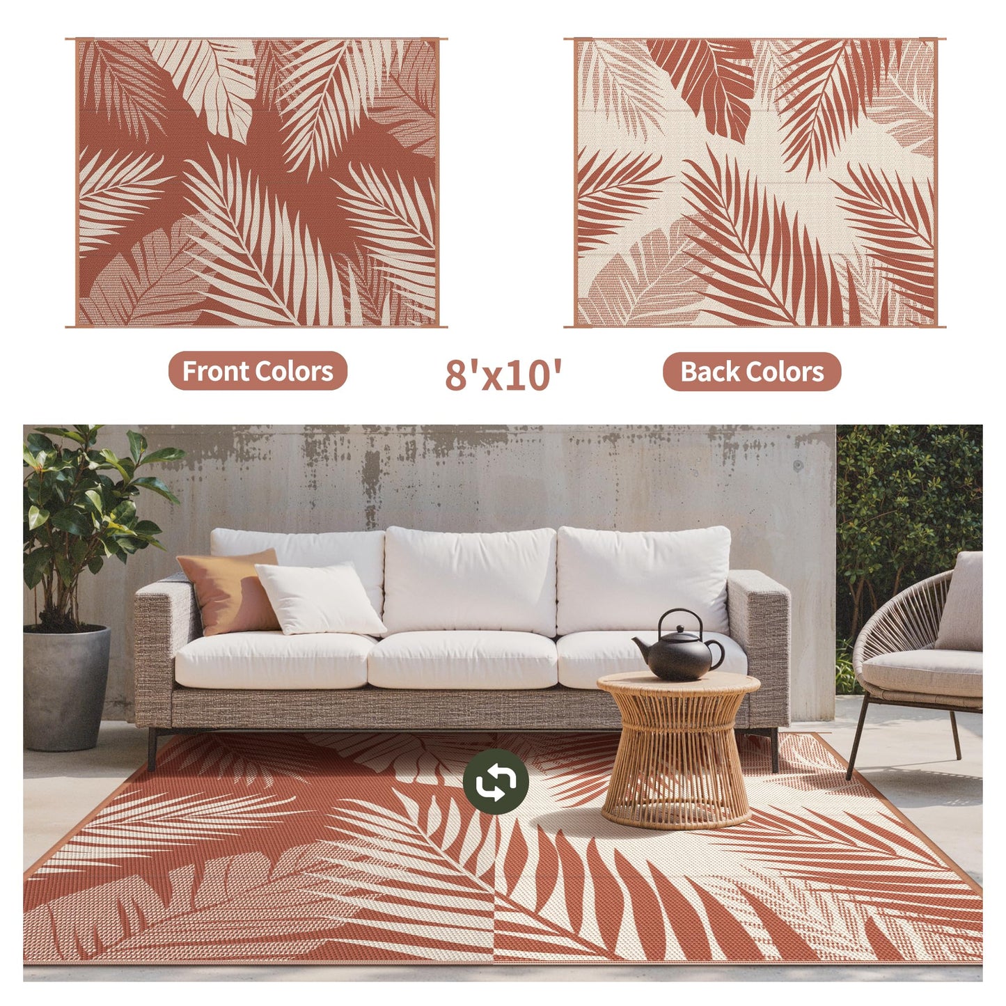 GENIMO Outdoor Rug 8' x 10' Waterproof for Patios Clearance, Reversible Plastic Straw Camping Carpet, Large Area Rugs Mats for RV, Picnic, Backyard, Deck, Balcony, Porch, Beach, Brick&Red