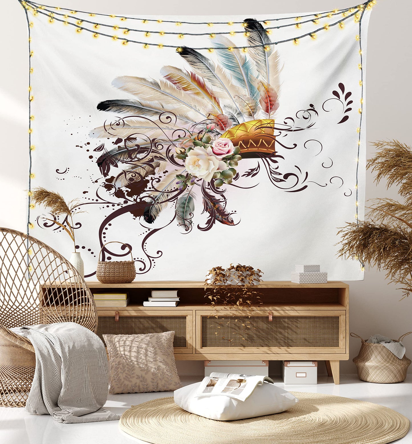 Ambesonne Feather Tapestry, Floral Arrangements Head Wear Flowers Swirls Shapes, Wide Wall Hanging for Bedroom Living Room Dorm, 60" X 40", Cream Ivory