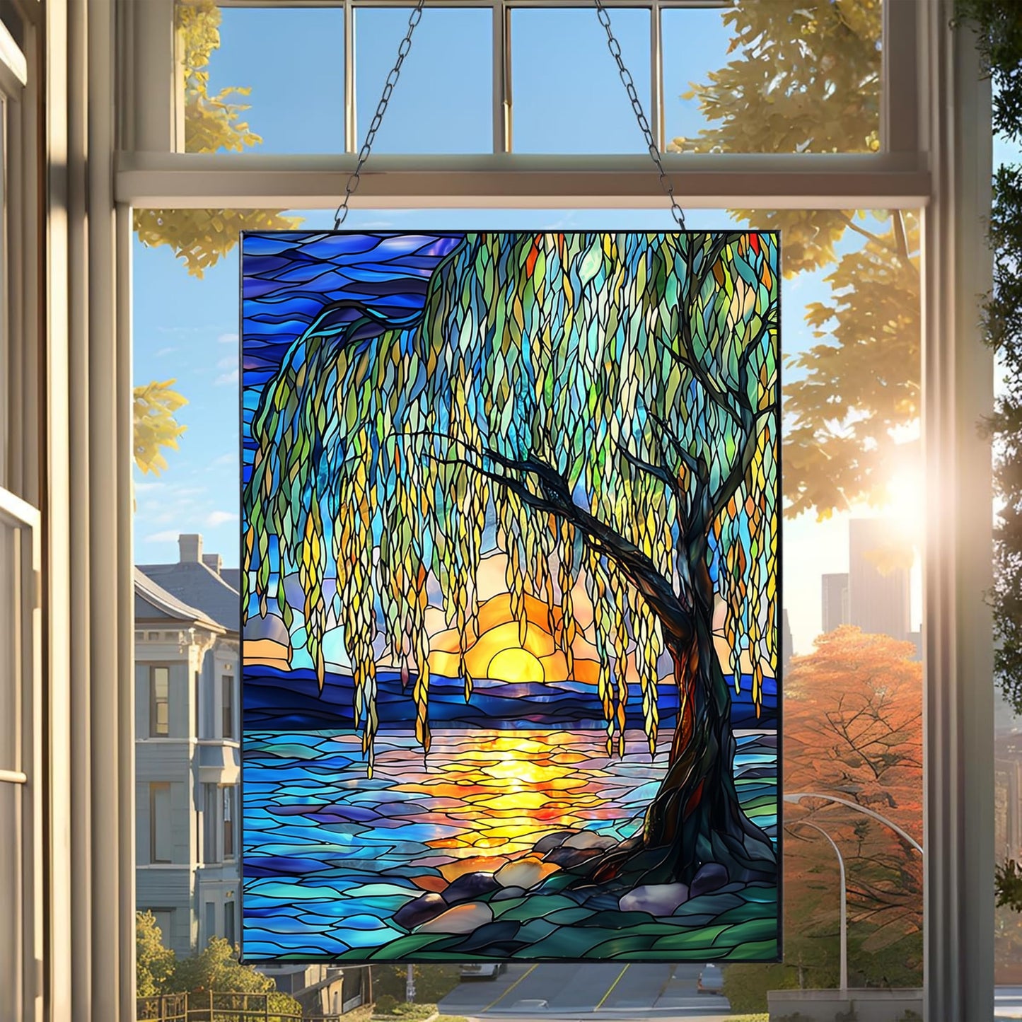 HYPESTYLE Customized Vertical Rectangle Willow Tree Suncatcher Stained Glass Window Hangings Sun Catchers Colorful Ornament Gifts for Women Mom Wife Christmas Halloween Housewarming
