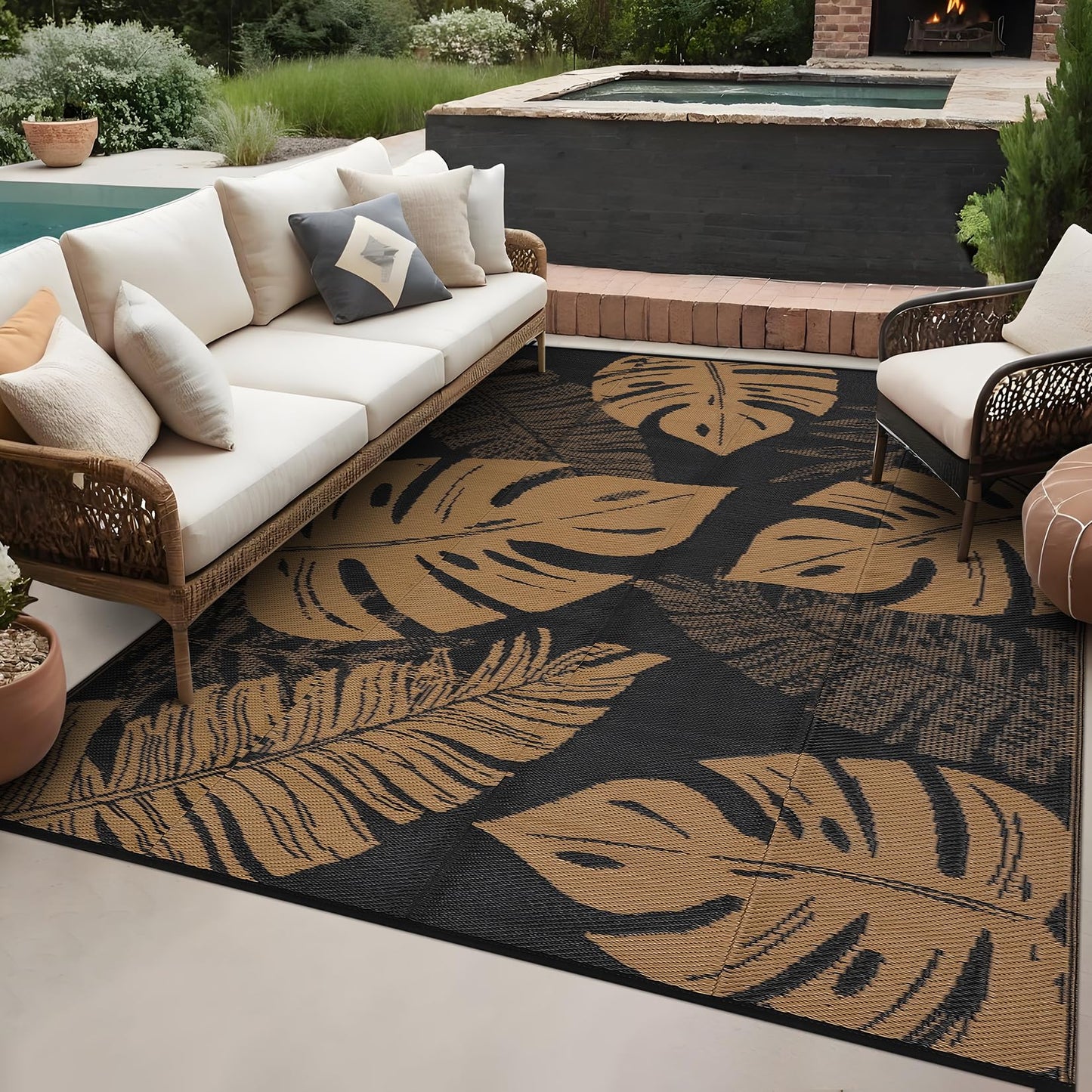 GAOMON Outdoor Rugs 8x10 Waterproof Reversible Plastic Straw Rug Modern Patio Rug, Foldable Lightweight RV Camping Mat with Portable Bag & 4 Stakes, UV Resistant & Sturdy for Picnic, Brown